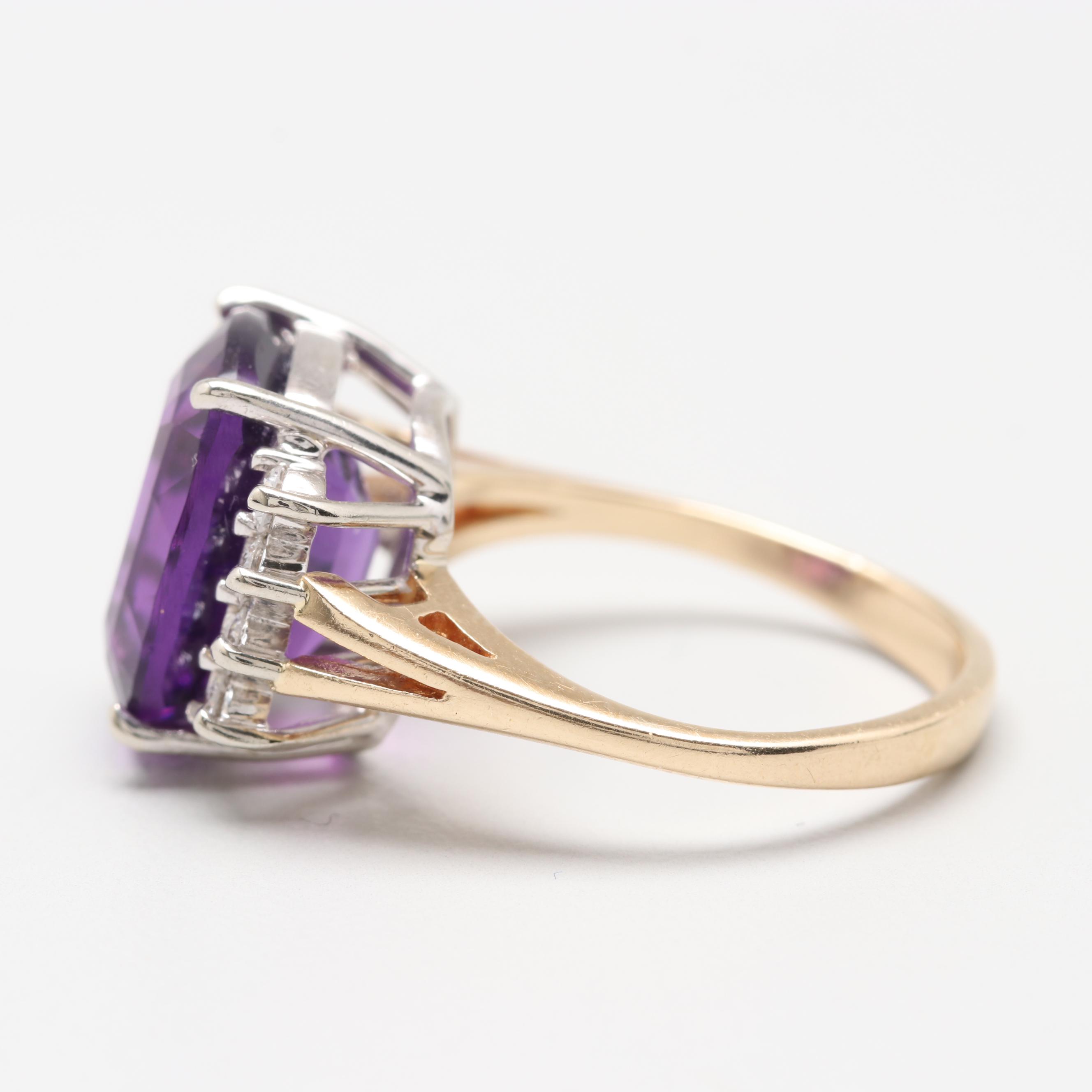 14K Two Tone Gold Amethyst and Diamond Ring