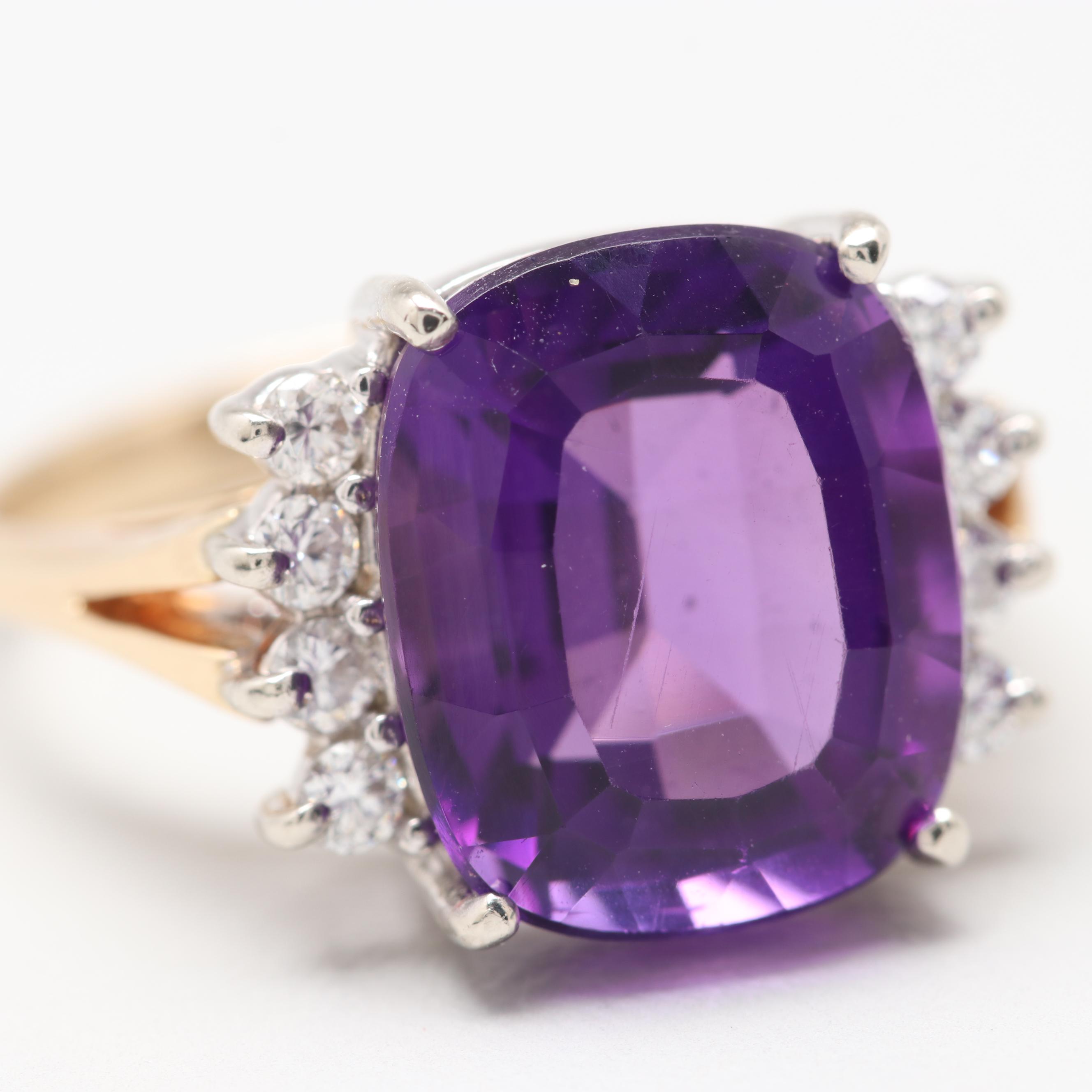 14K Two Tone Gold Amethyst and Diamond Ring