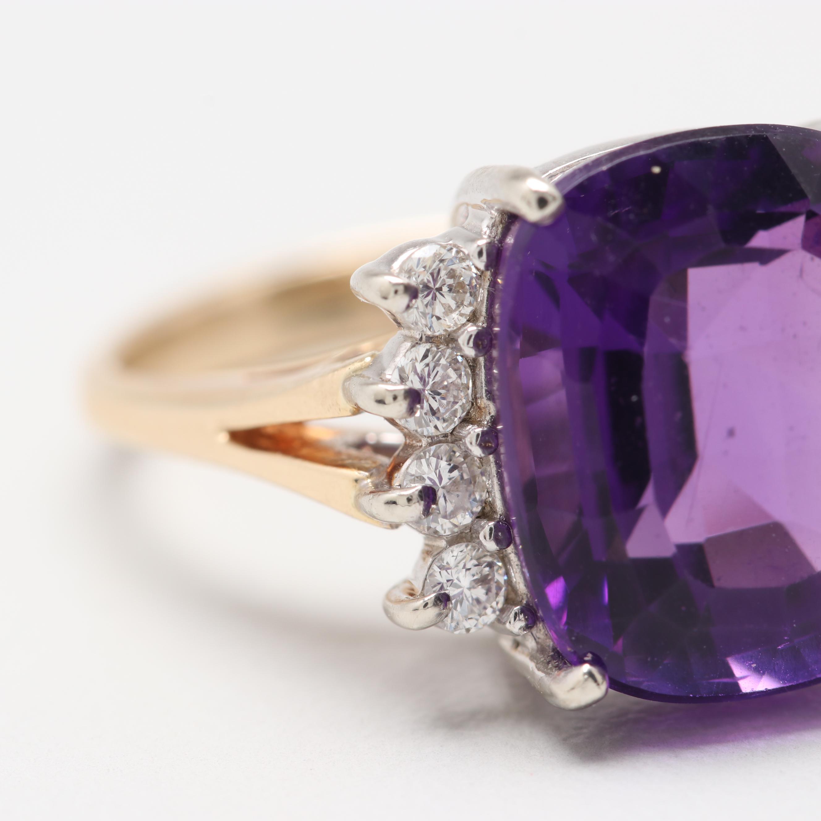 14K Two Tone Gold Amethyst and Diamond Ring