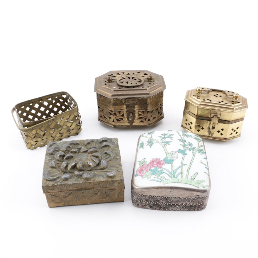 Metal and Wood Trinket Boxes with Chinoiserie Shard Mounted Silver Plated Box