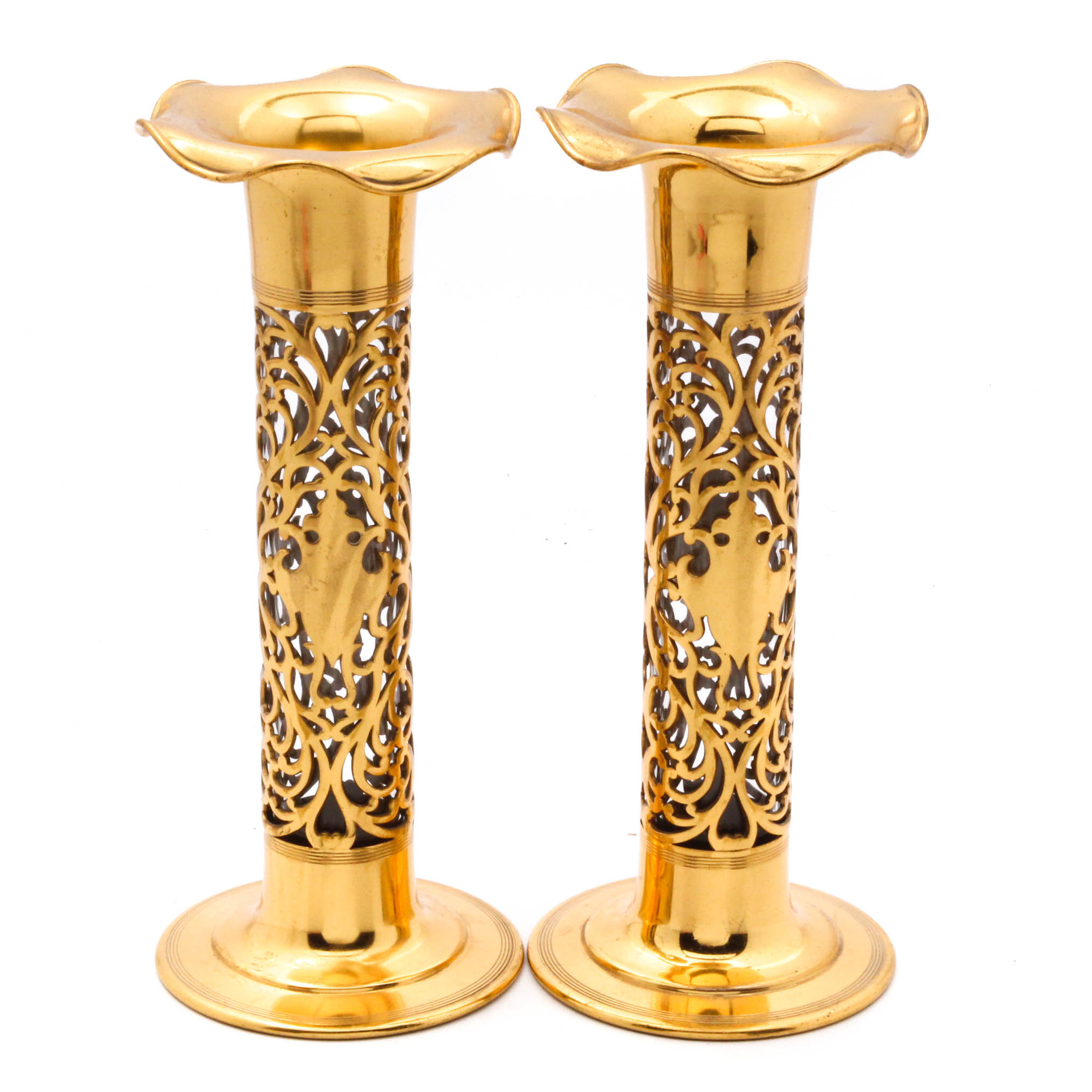 Late 19th Century Gilded Brass Altar Vases with Original Glass