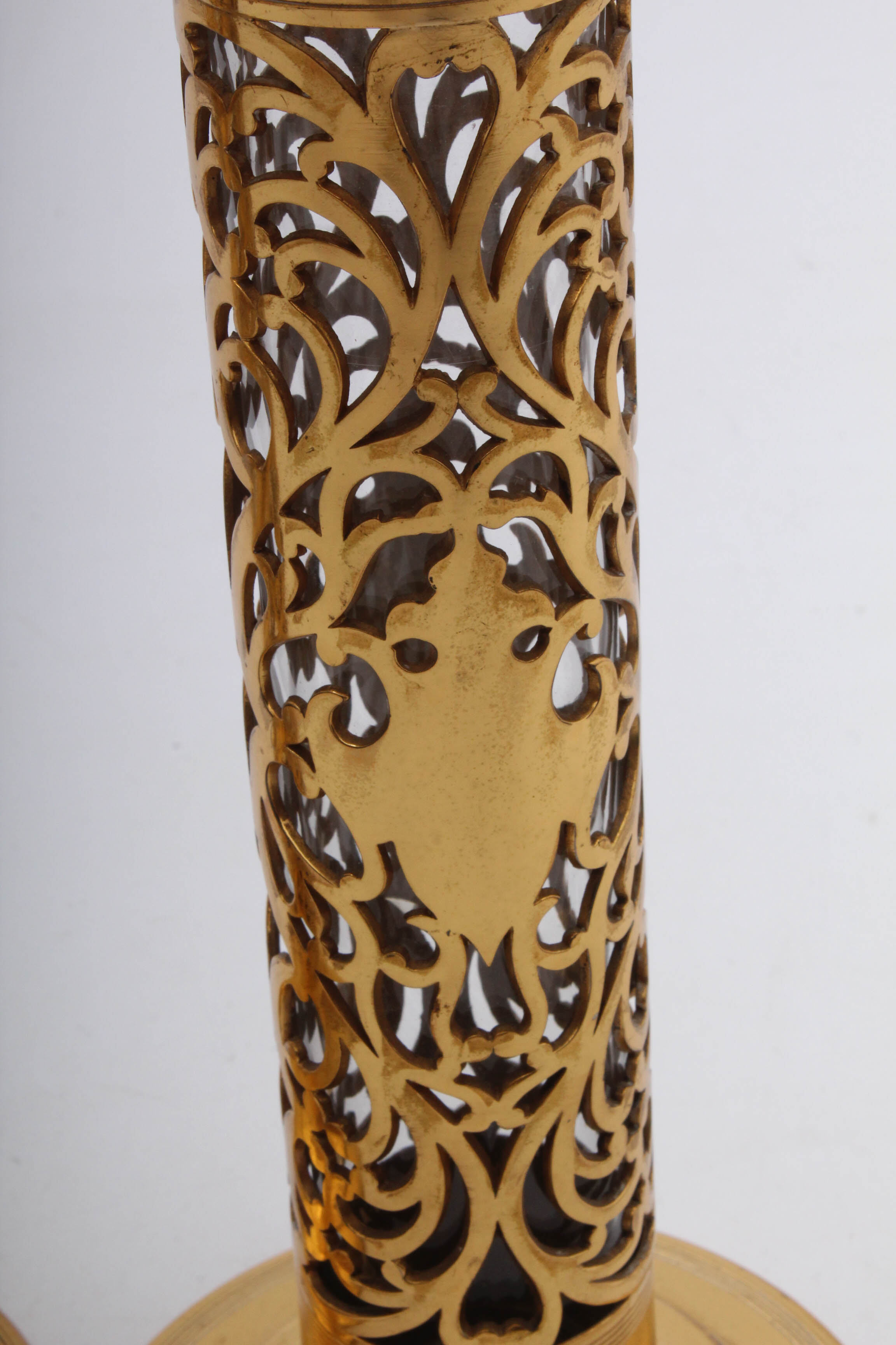 Late 19th Century Gilded Brass Altar Vases with Original Glass