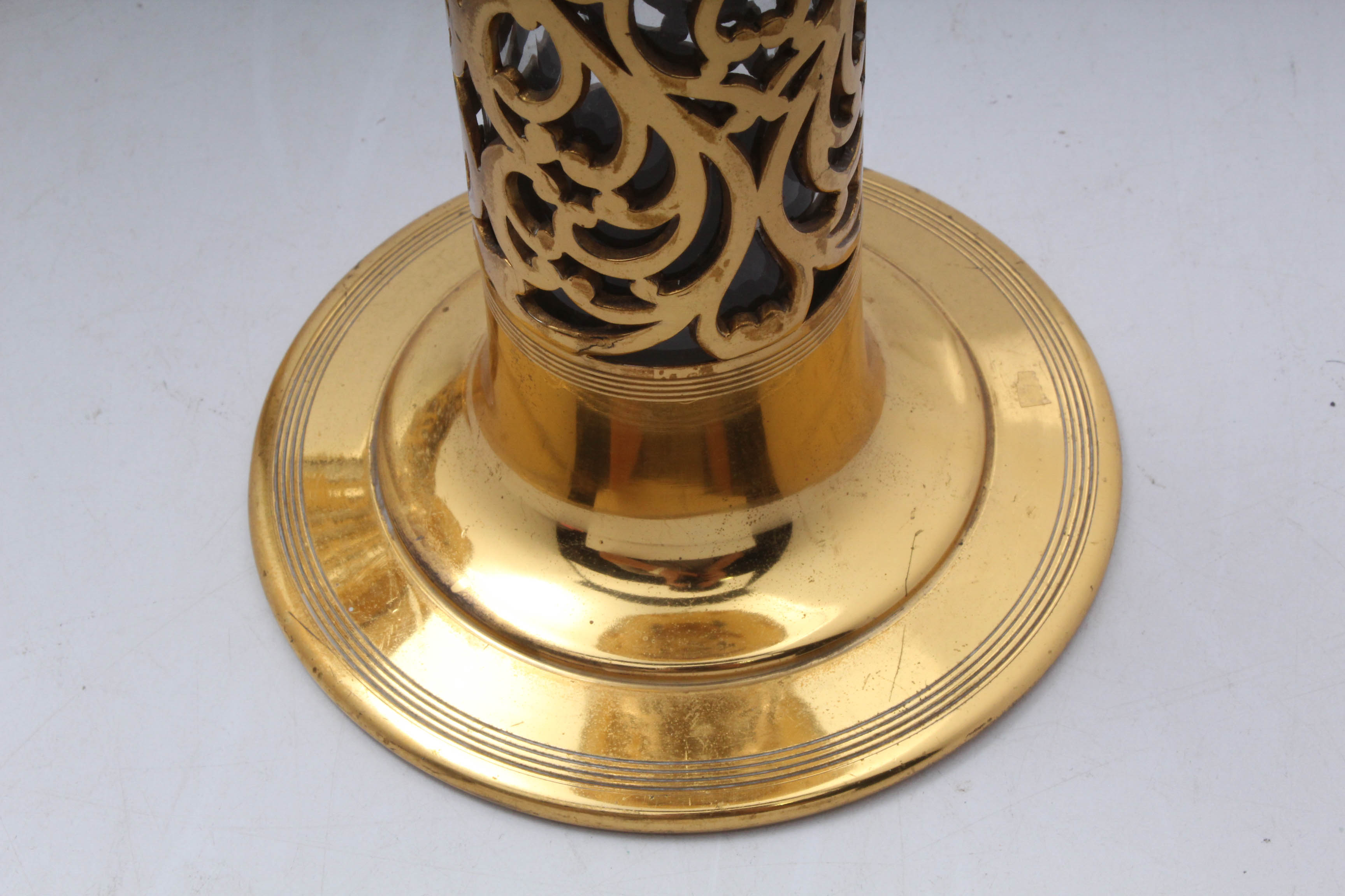 Late 19th Century Gilded Brass Altar Vases with Original Glass