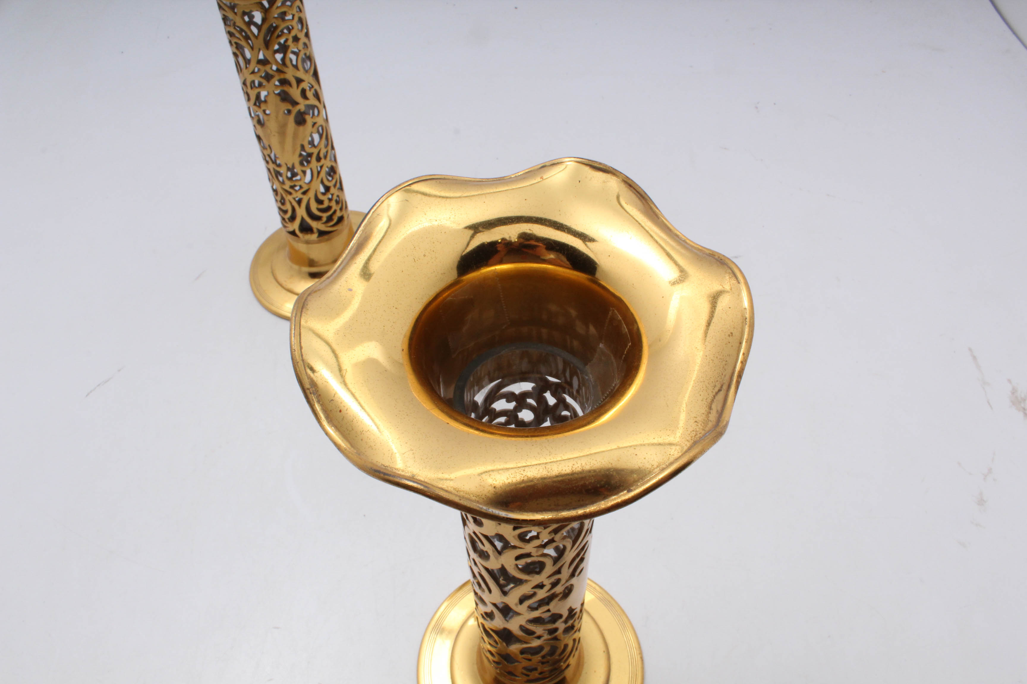 Late 19th Century Gilded Brass Altar Vases with Original Glass