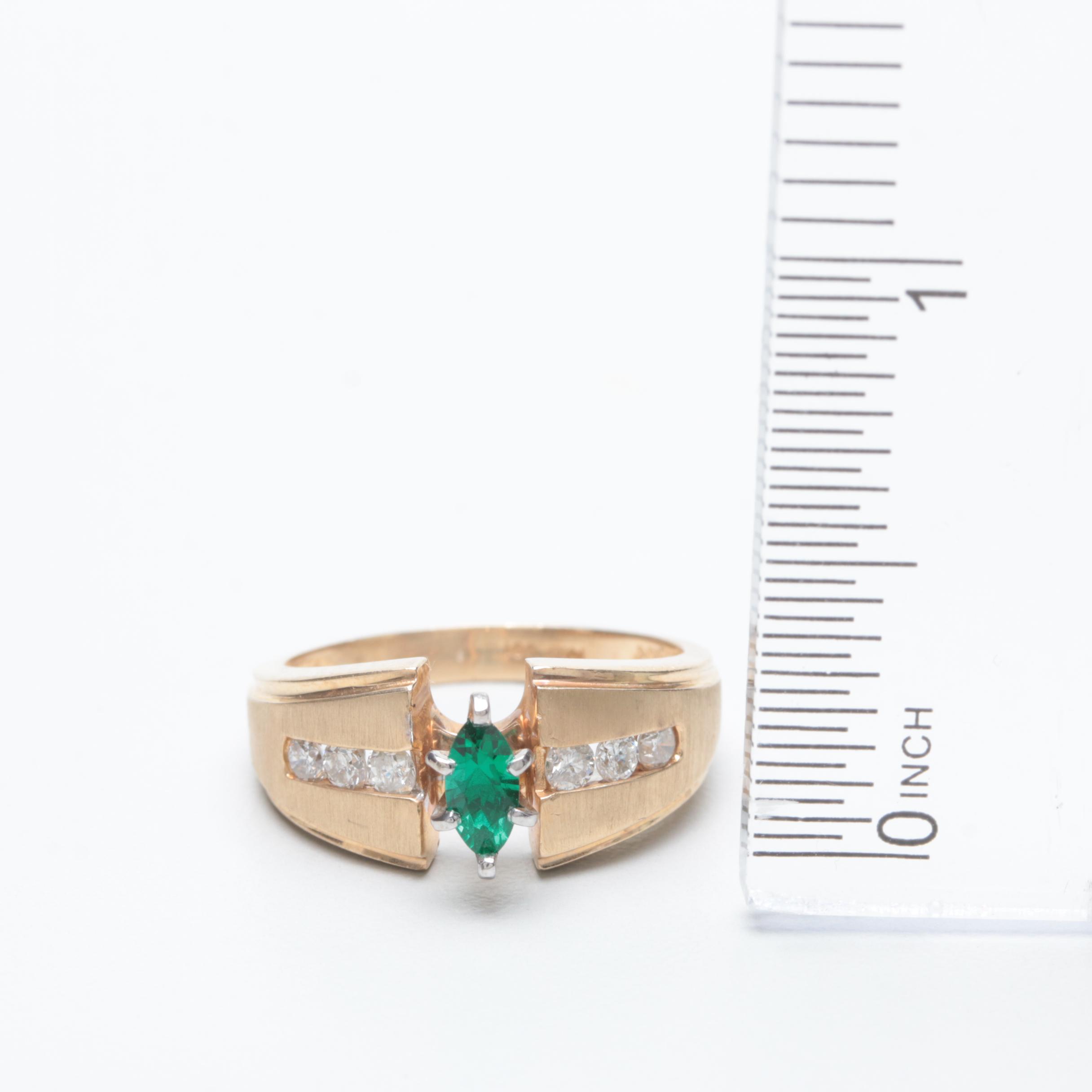 14K Yellow Gold Synthetic Emerald and Diamond Ring
