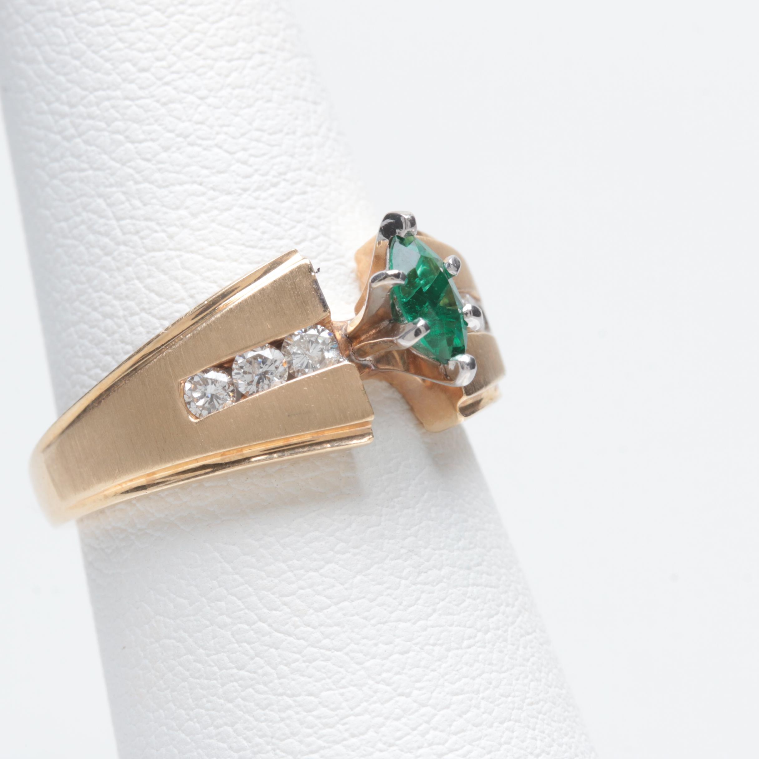 14K Yellow Gold Synthetic Emerald and Diamond Ring