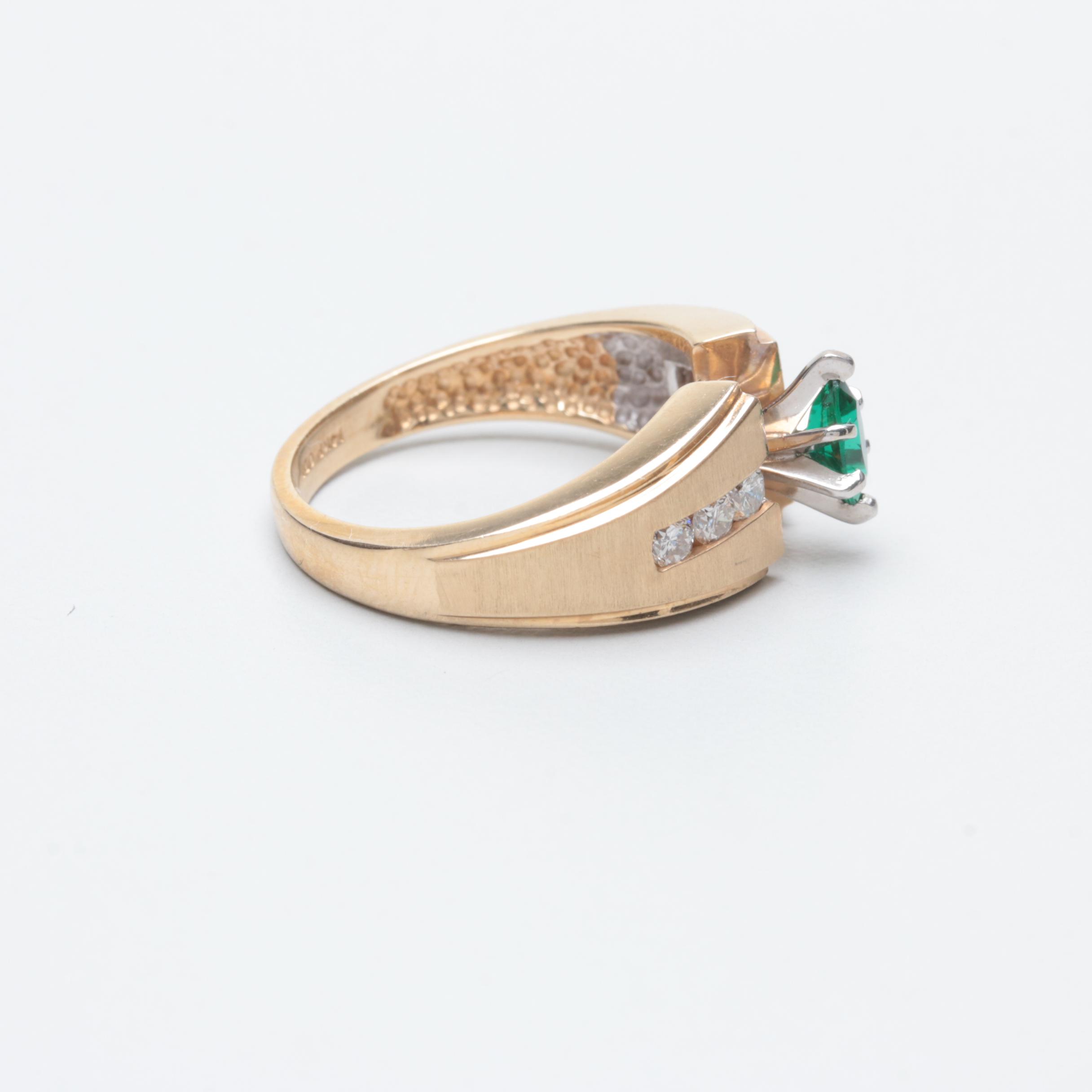 14K Yellow Gold Synthetic Emerald and Diamond Ring