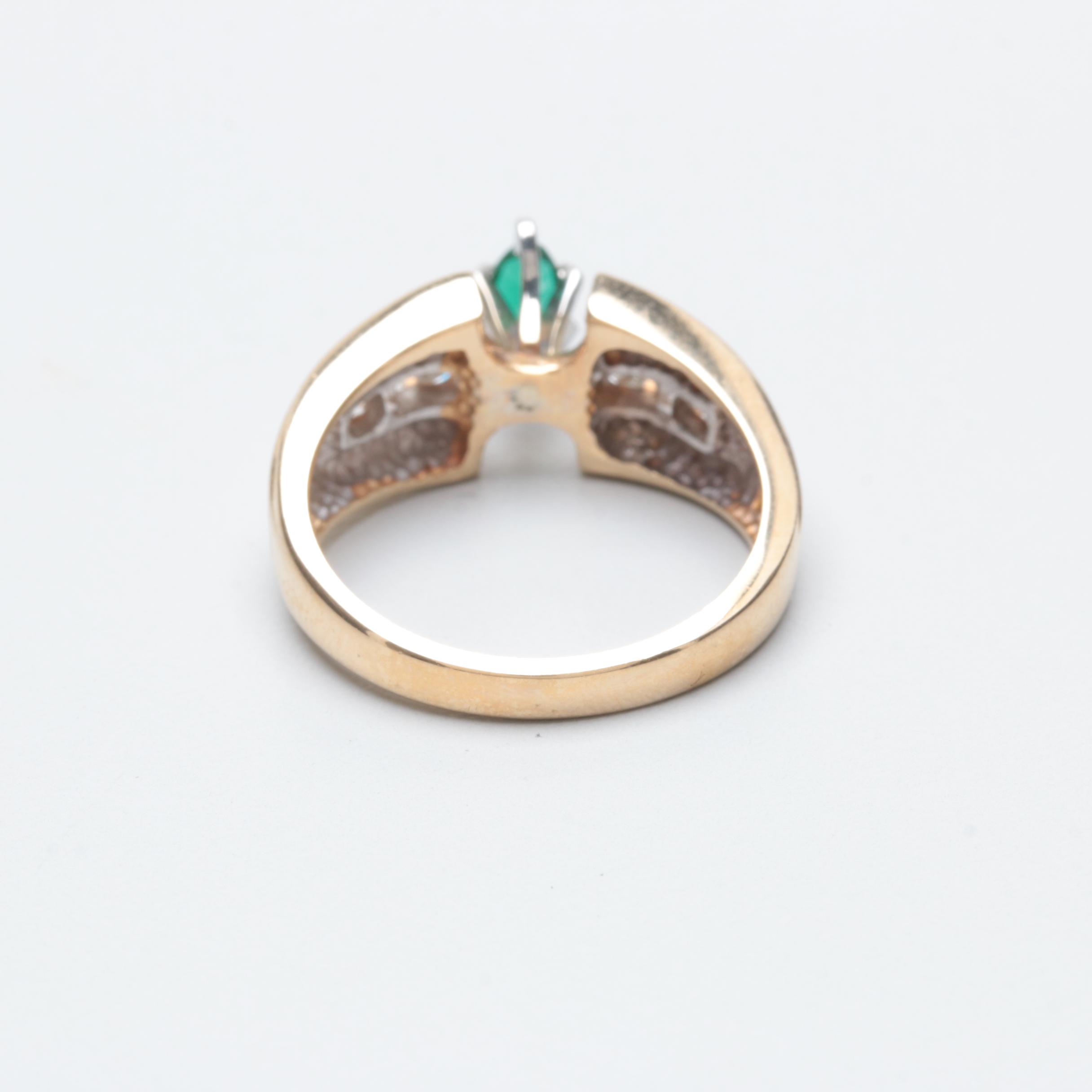 14K Yellow Gold Synthetic Emerald and Diamond Ring