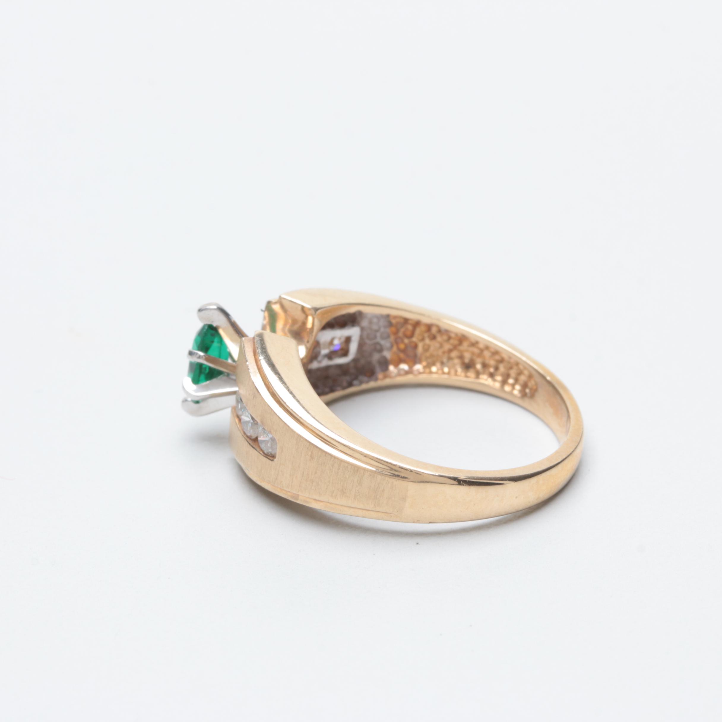 14K Yellow Gold Synthetic Emerald and Diamond Ring