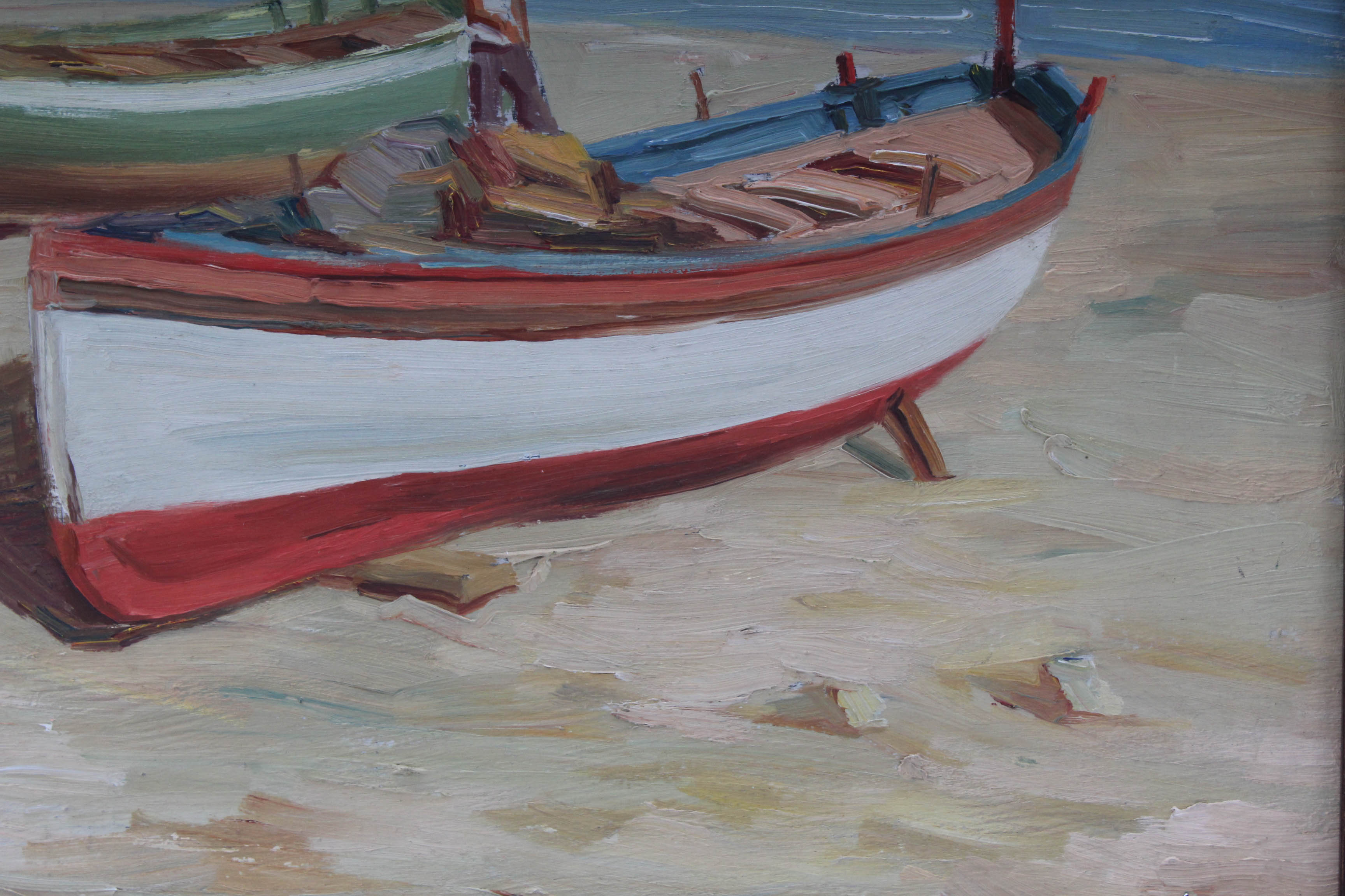 F. Molinari 1930's Oil Painting of Boat on The Mediterranean