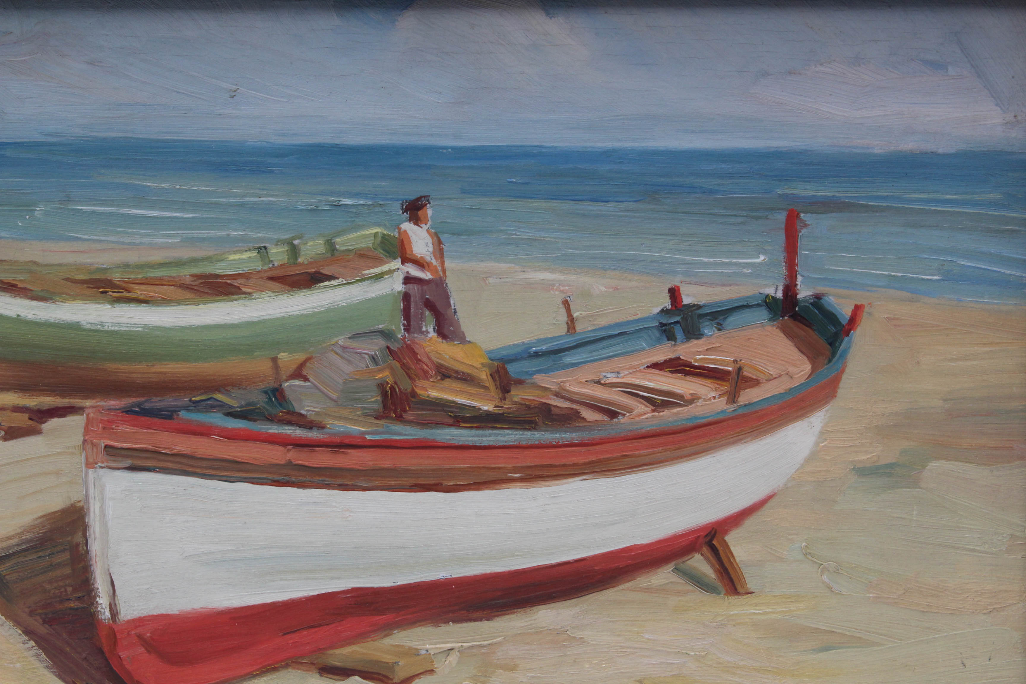 F. Molinari 1930's Oil Painting of Boat on The Mediterranean