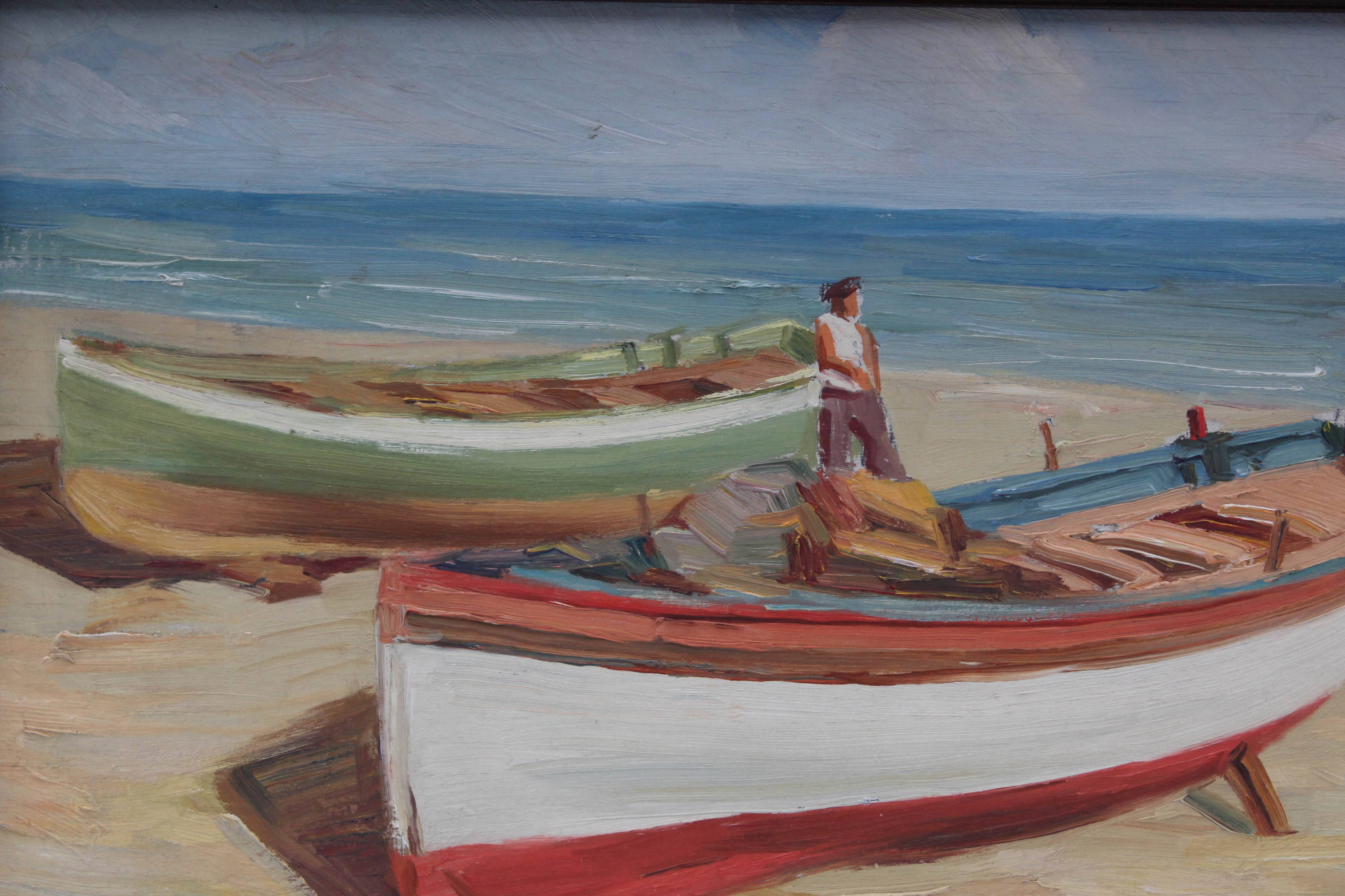 F. Molinari 1930's Oil Painting of Boat on The Mediterranean