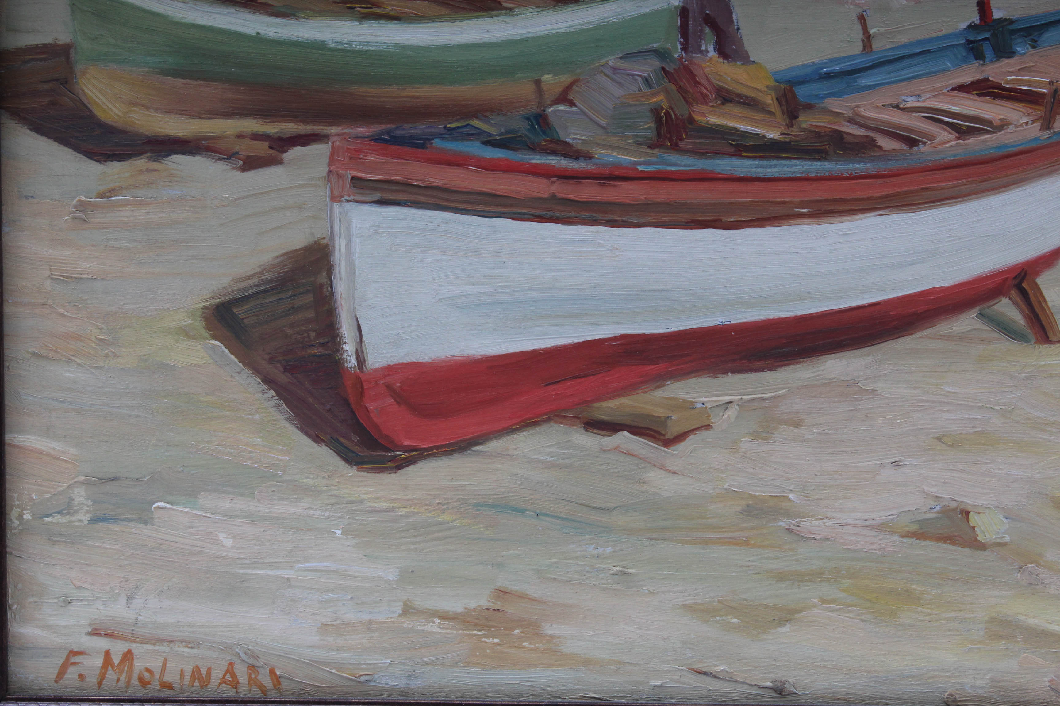 F. Molinari 1930's Oil Painting of Boat on The Mediterranean