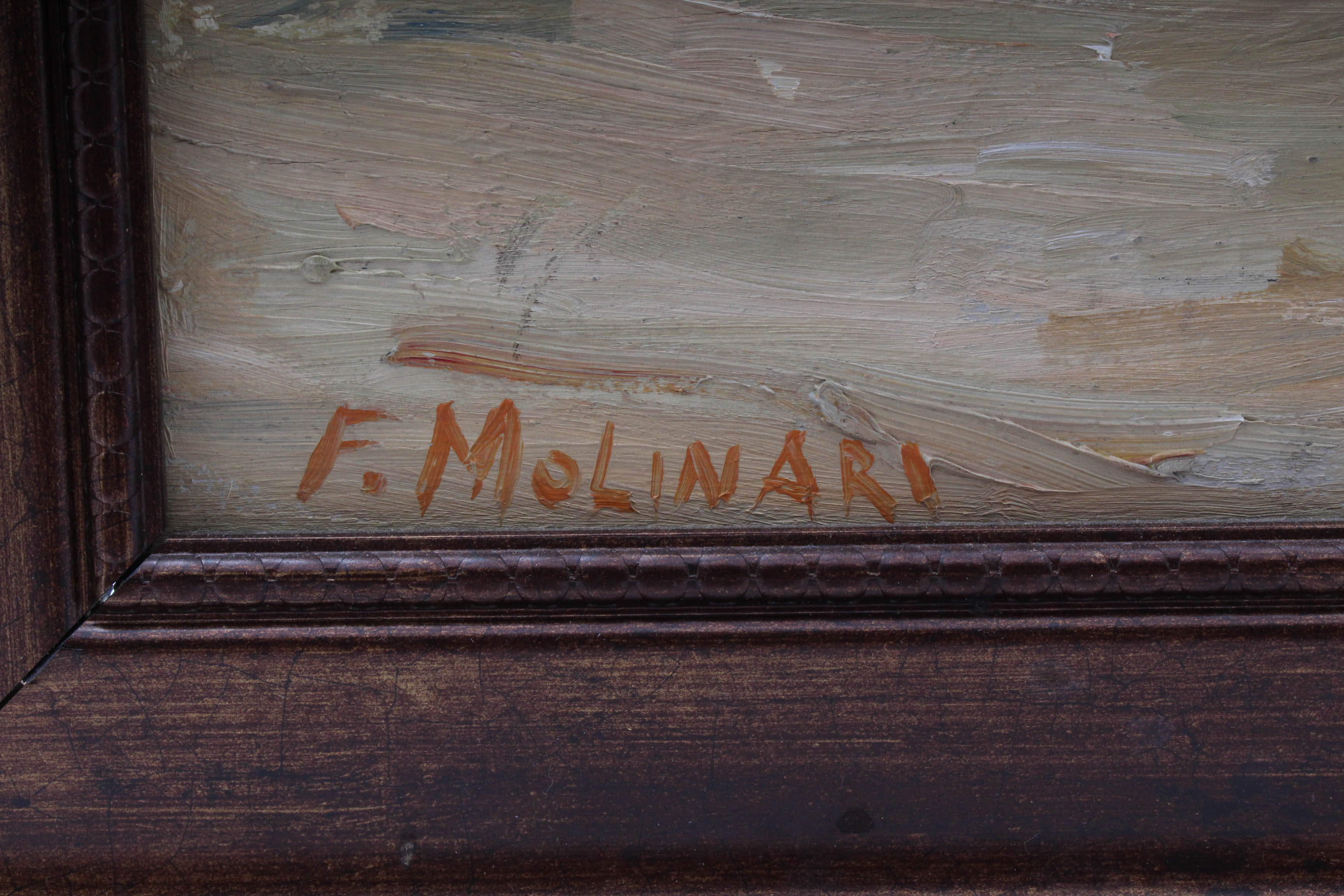 F. Molinari 1930's Oil Painting of Boat on The Mediterranean