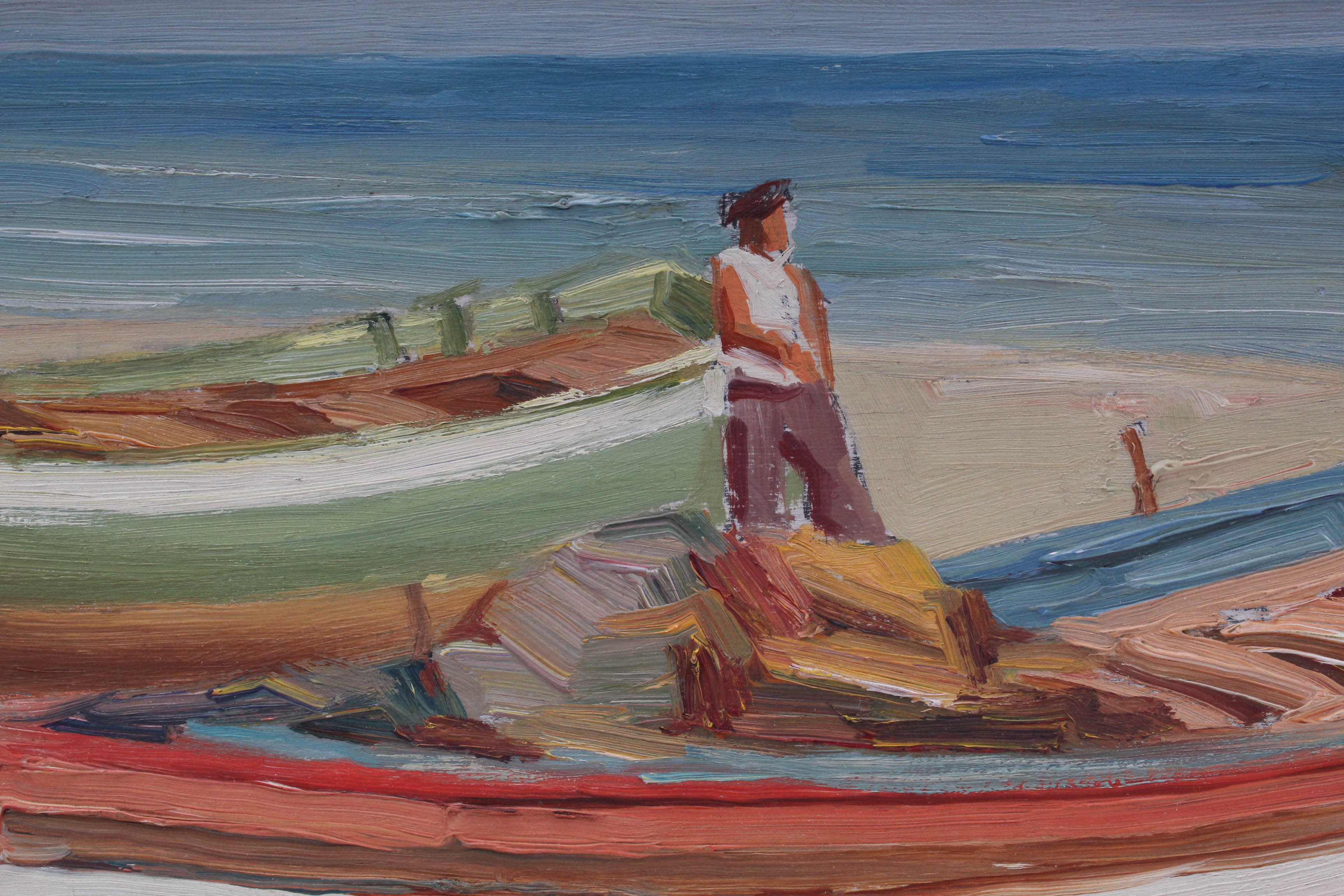 F. Molinari 1930's Oil Painting of Boat on The Mediterranean