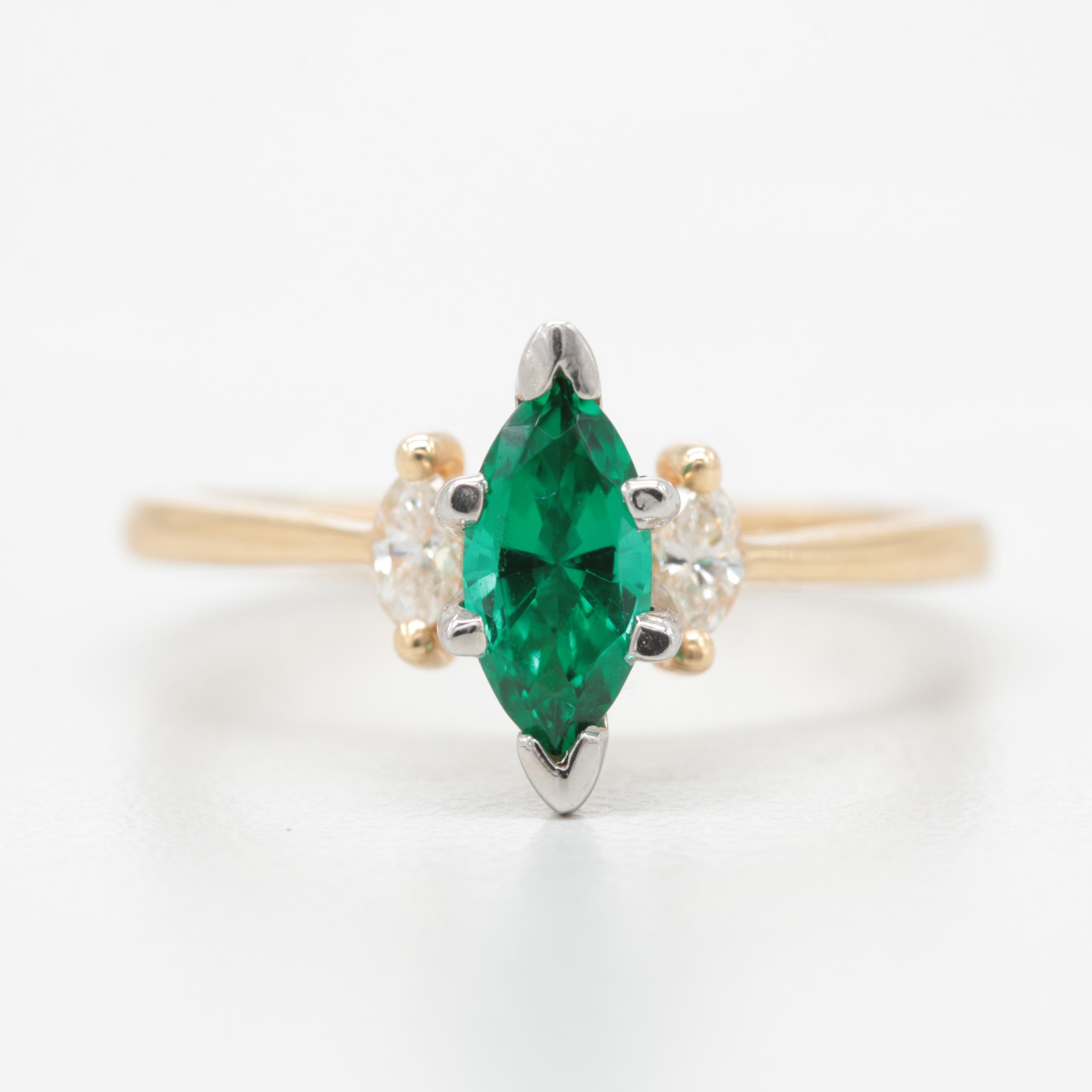 14K Yellow Gold Synthetic Emerald and Diamond Ring