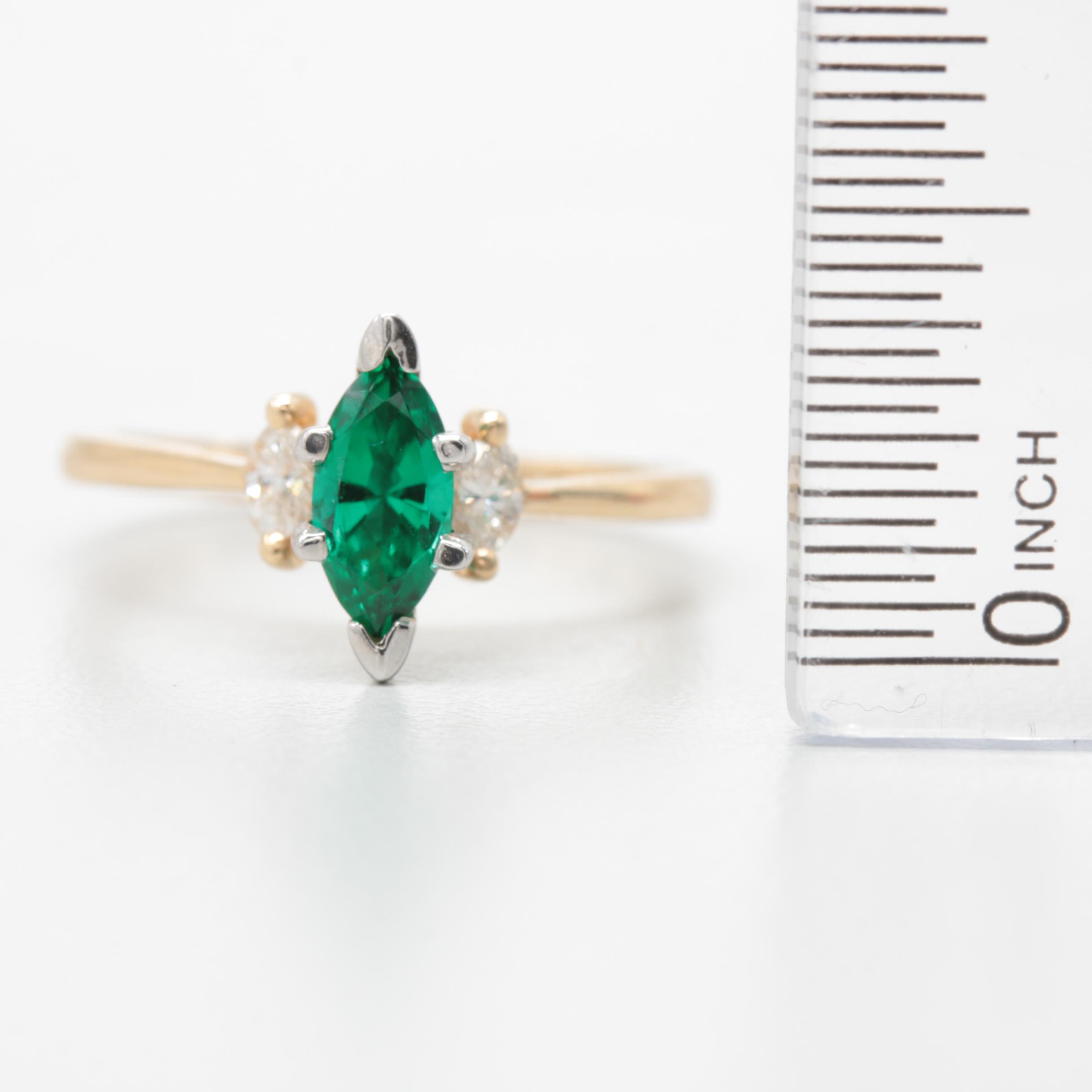 14K Yellow Gold Synthetic Emerald and Diamond Ring