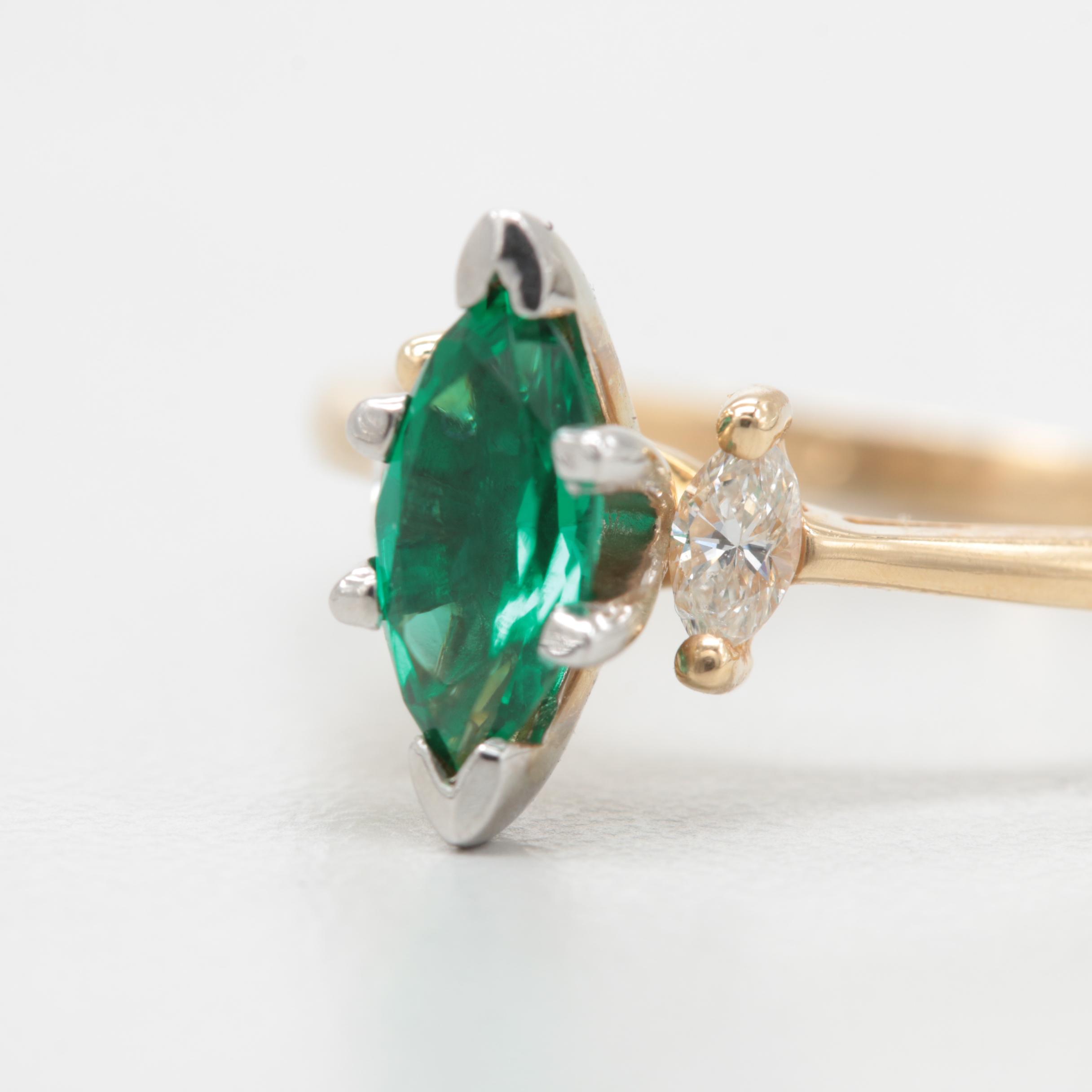 14K Yellow Gold Synthetic Emerald and Diamond Ring