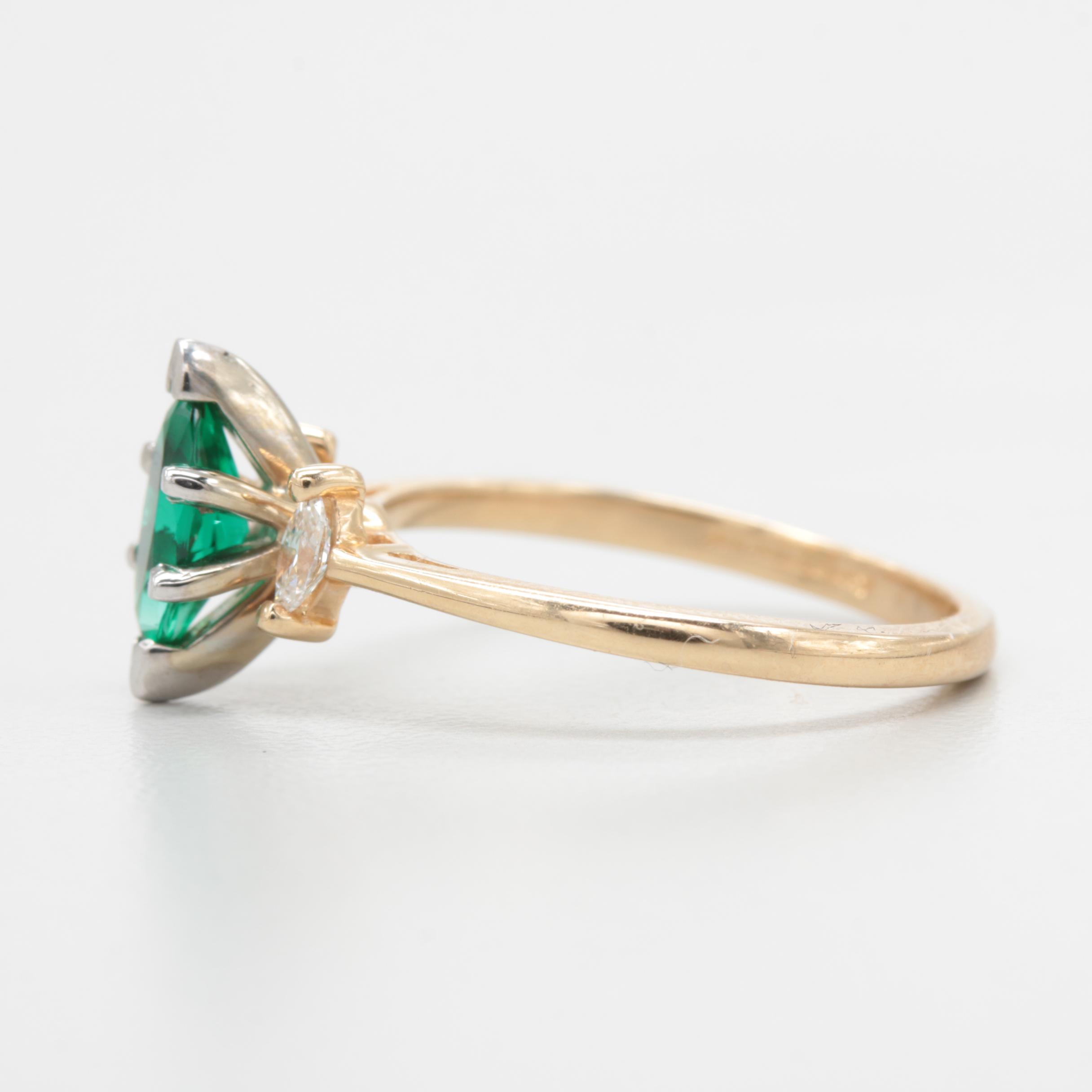 14K Yellow Gold Synthetic Emerald and Diamond Ring
