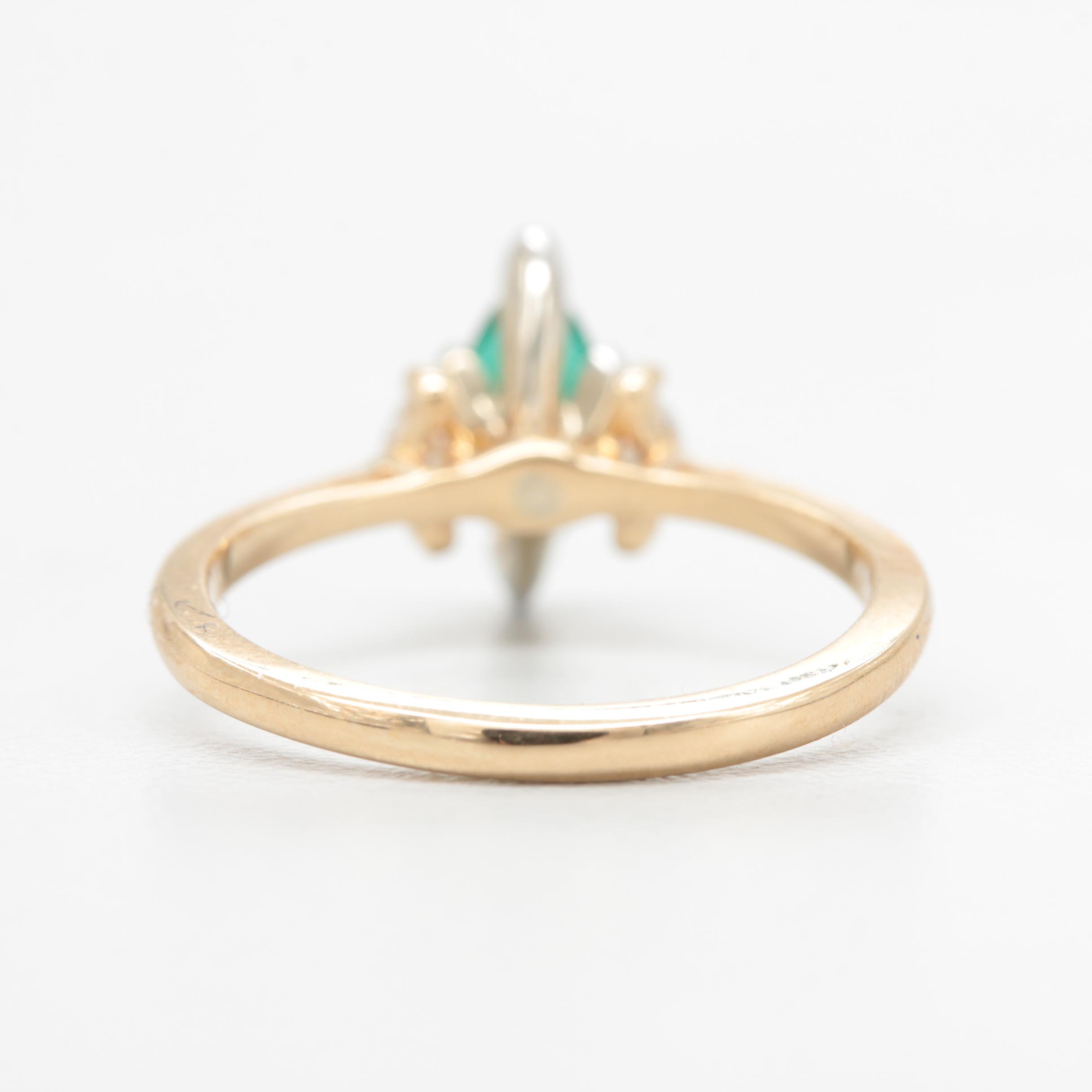 14K Yellow Gold Synthetic Emerald and Diamond Ring