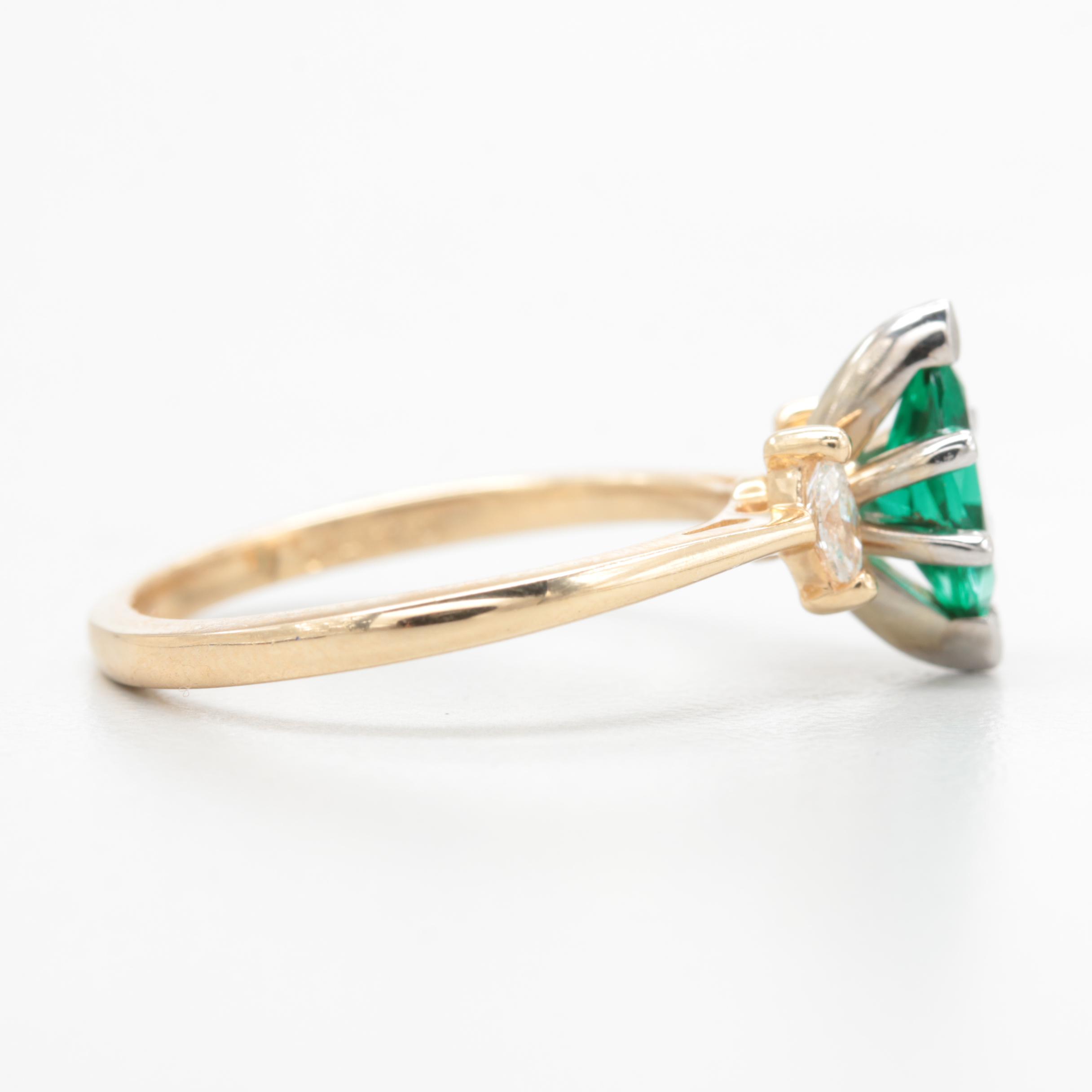 14K Yellow Gold Synthetic Emerald and Diamond Ring