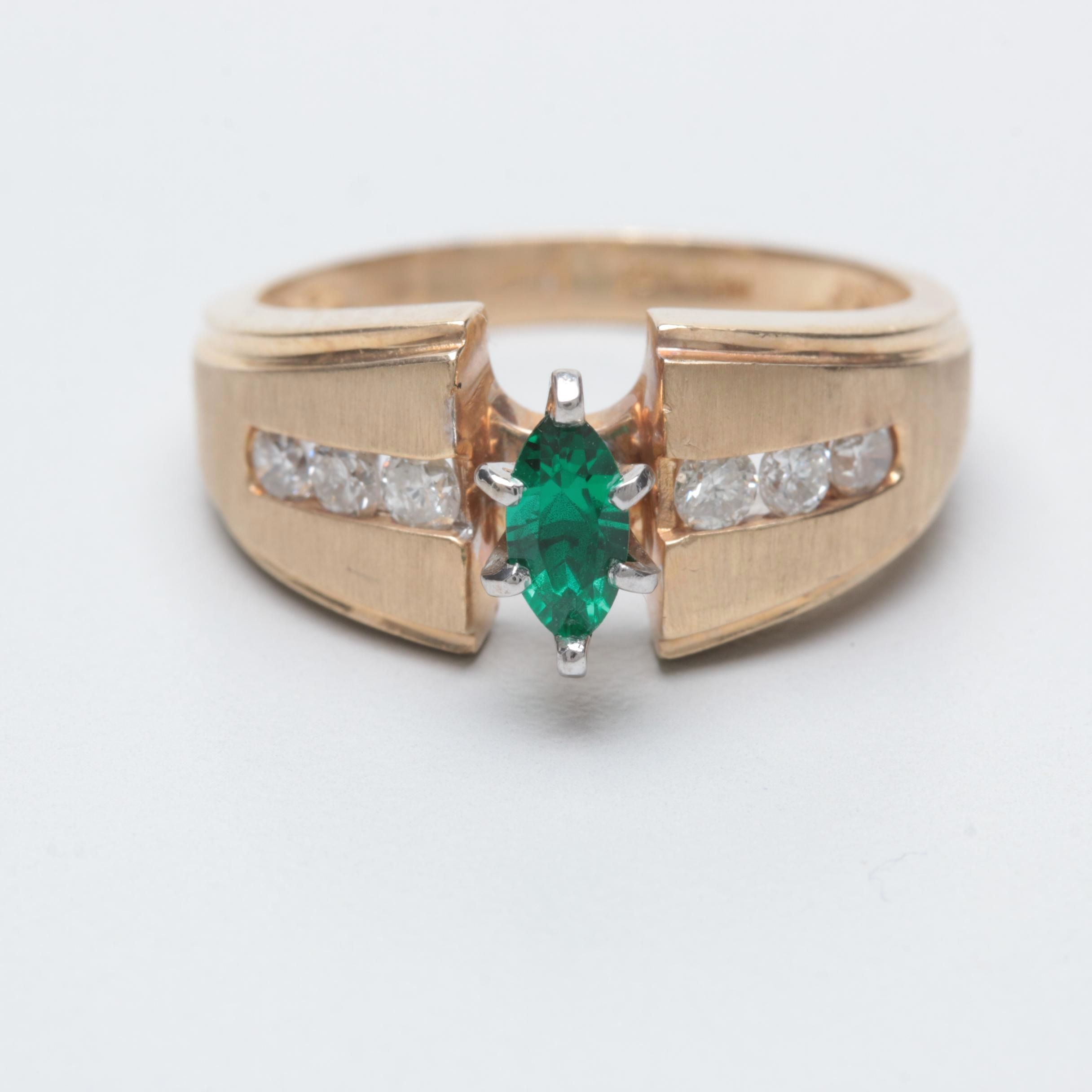 14K Yellow Gold Synthetic Emerald and Diamond Ring