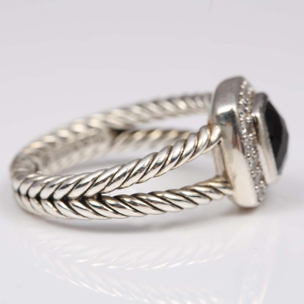 David Yurman Sterling Silver Black Onyx and Diamond Cable Ring