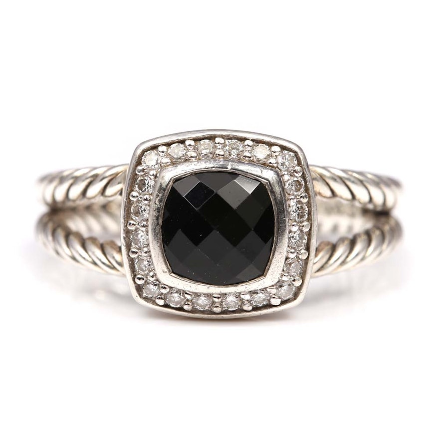 David Yurman Sterling Silver Black Onyx and Diamond Cable Ring