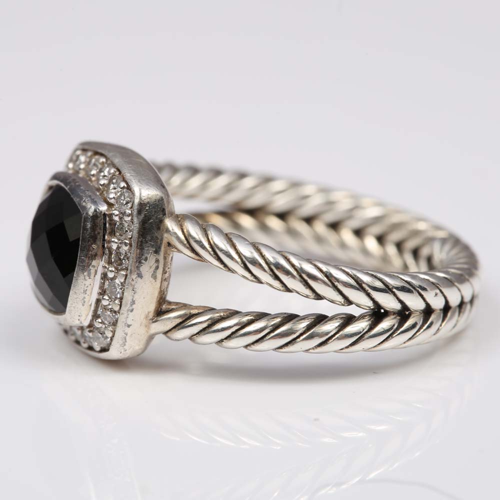David Yurman Sterling Silver Black Onyx and Diamond Cable Ring