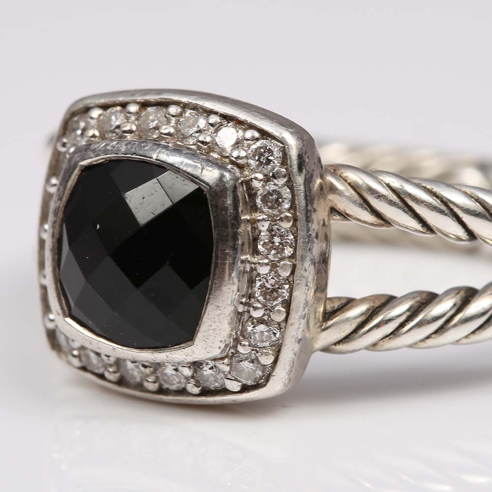 David Yurman Sterling Silver Black Onyx and Diamond Cable Ring