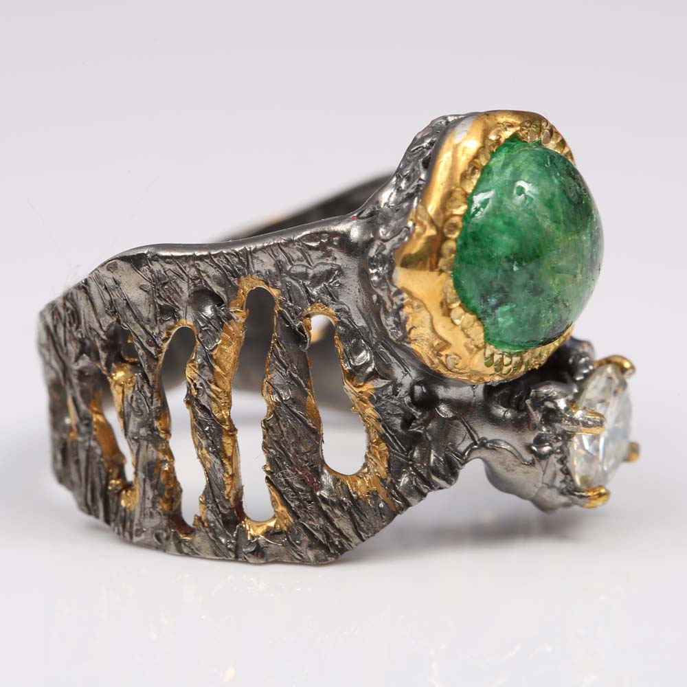 Sterling Silver 3.08 CT Emerald and Moissanite Ring