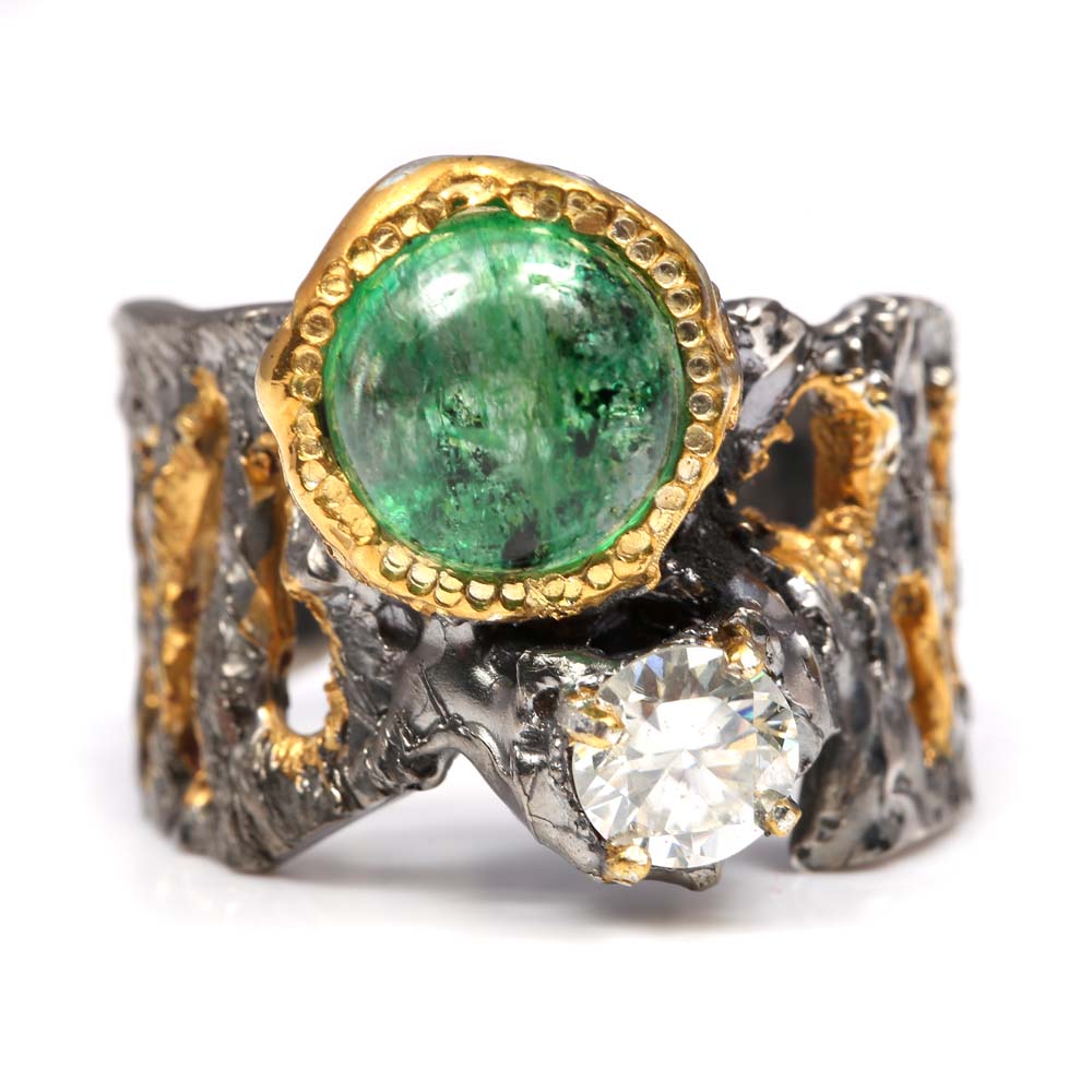 Sterling Silver 3.08 CT Emerald and Moissanite Ring