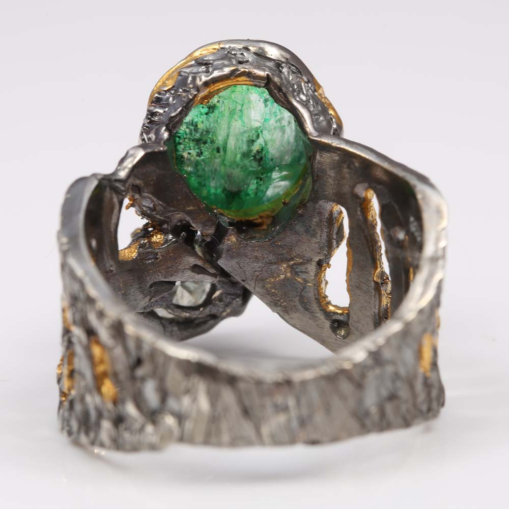 Sterling Silver 3.08 CT Emerald and Moissanite Ring