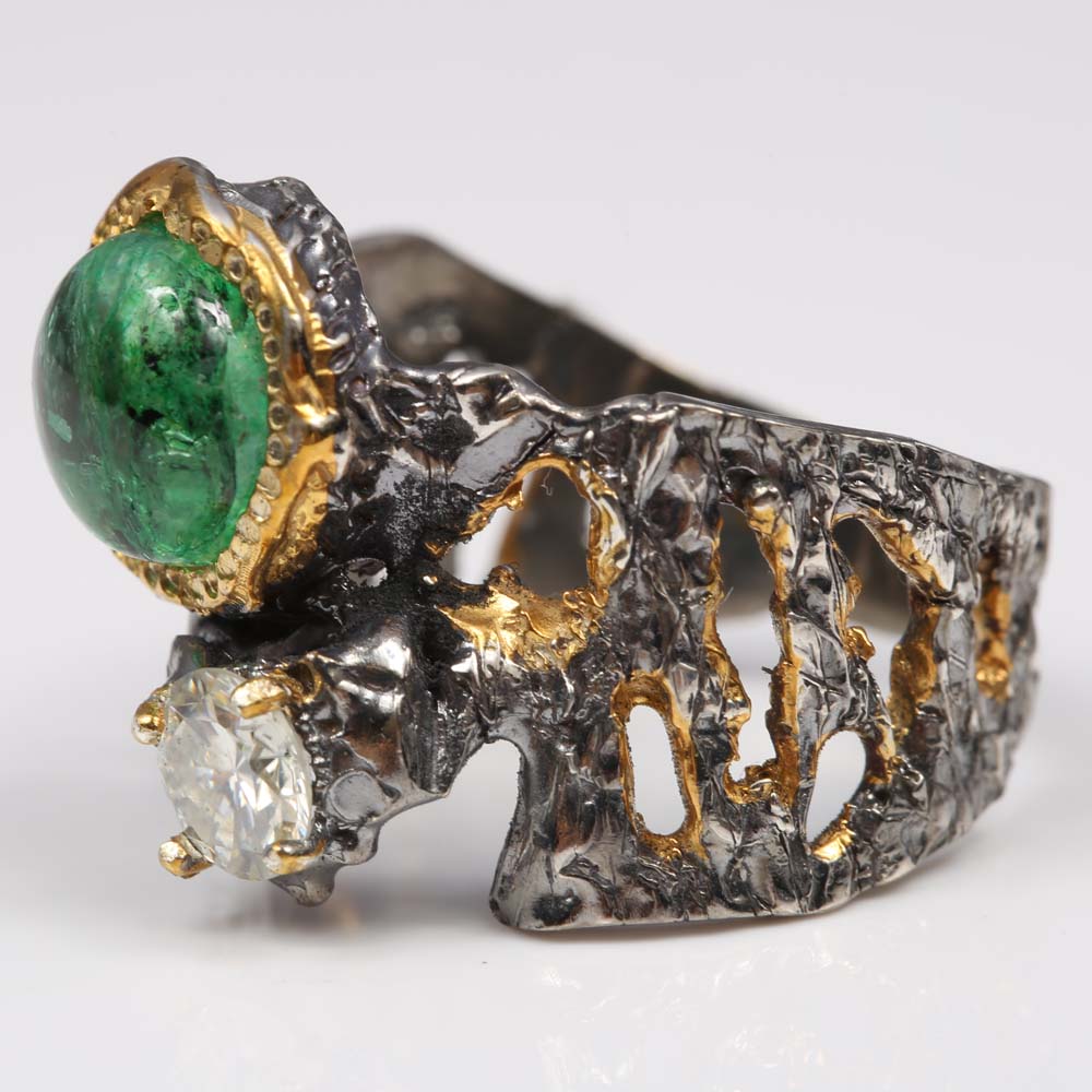 Sterling Silver 3.08 CT Emerald and Moissanite Ring