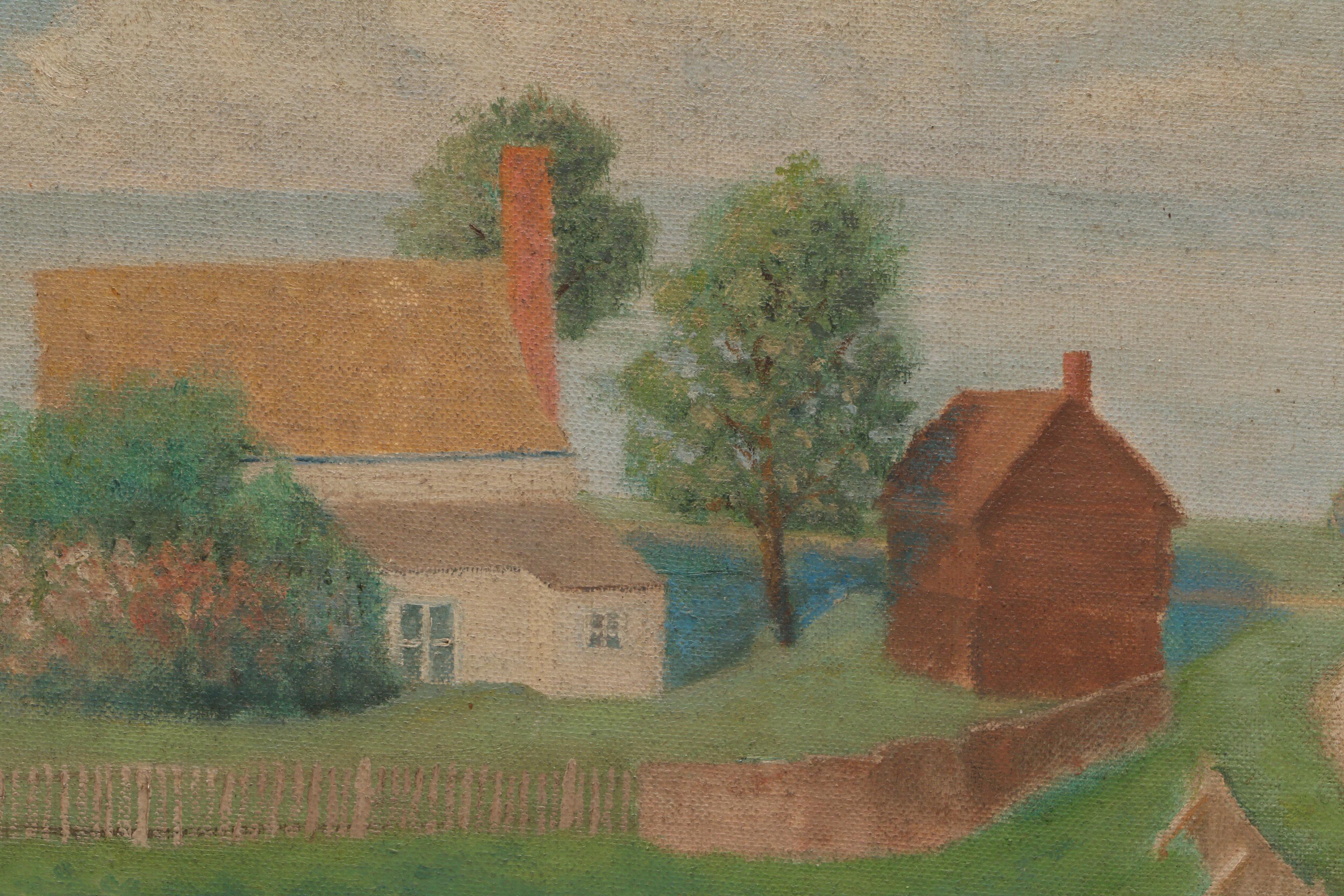 Circa 1930 Oil Farmhouse Landscape Painting
