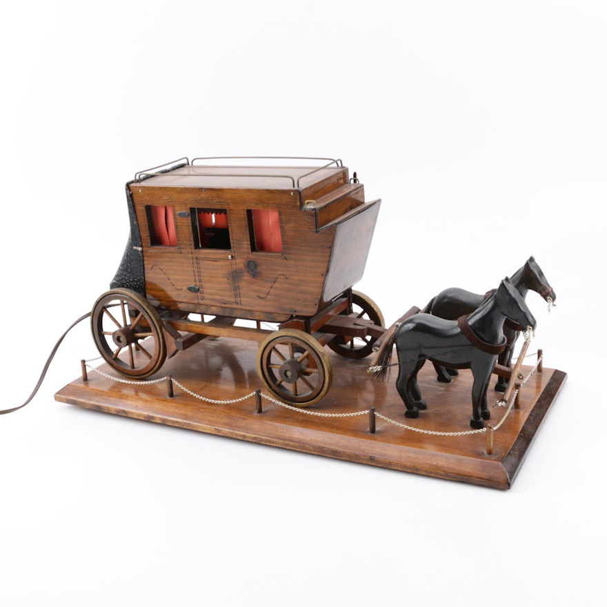 Vintage Handmade Wooden Miniature Horse-Drawn Stagecoach Novelty Accent Lamp