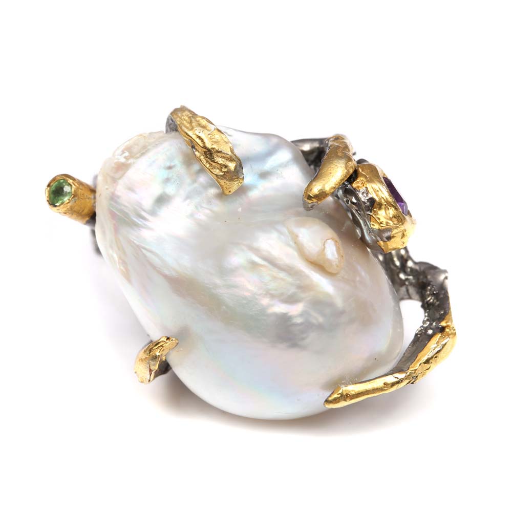 Sterling Silver Freshwater Pearl, Amethyst and Peridot Ring