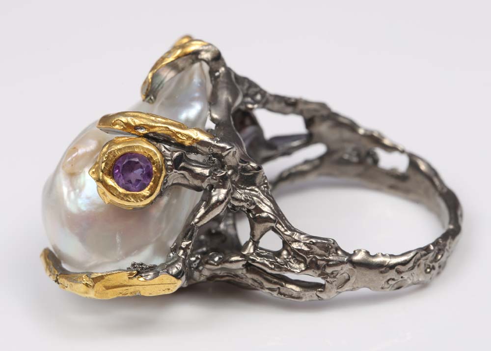 Sterling Silver Freshwater Pearl, Amethyst and Peridot Ring