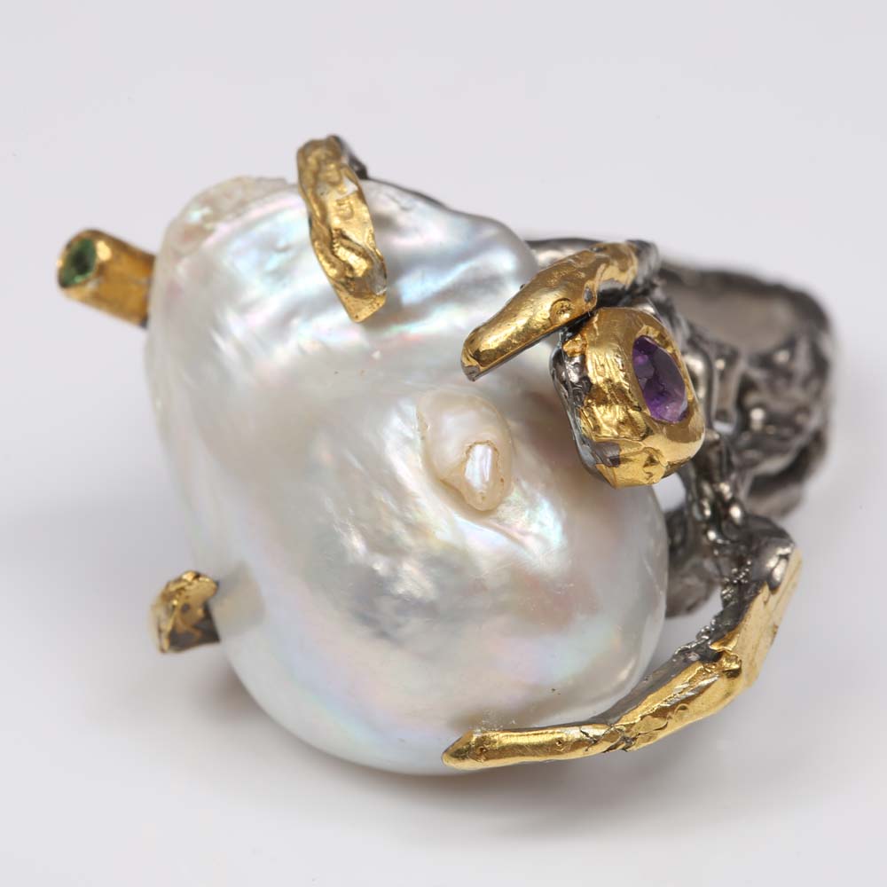 Sterling Silver Freshwater Pearl, Amethyst and Peridot Ring