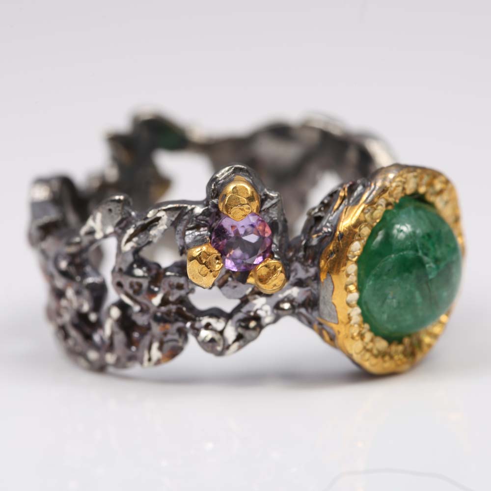 Sterling Silver 2.25 CT Emerald, Amethyst and Moissanite Ring