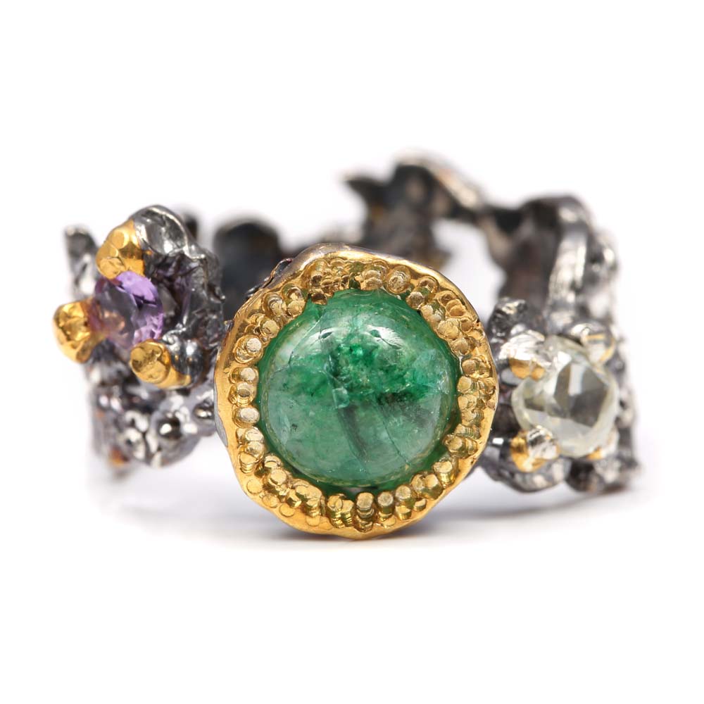 Sterling Silver 2.25 CT Emerald, Amethyst and Moissanite Ring