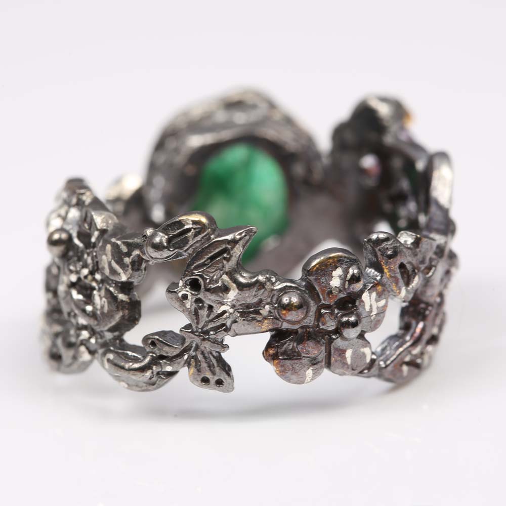 Sterling Silver 2.25 CT Emerald, Amethyst and Moissanite Ring