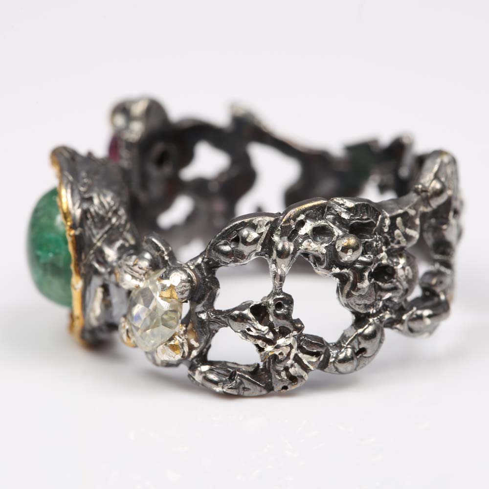 Sterling Silver 2.25 CT Emerald, Amethyst and Moissanite Ring