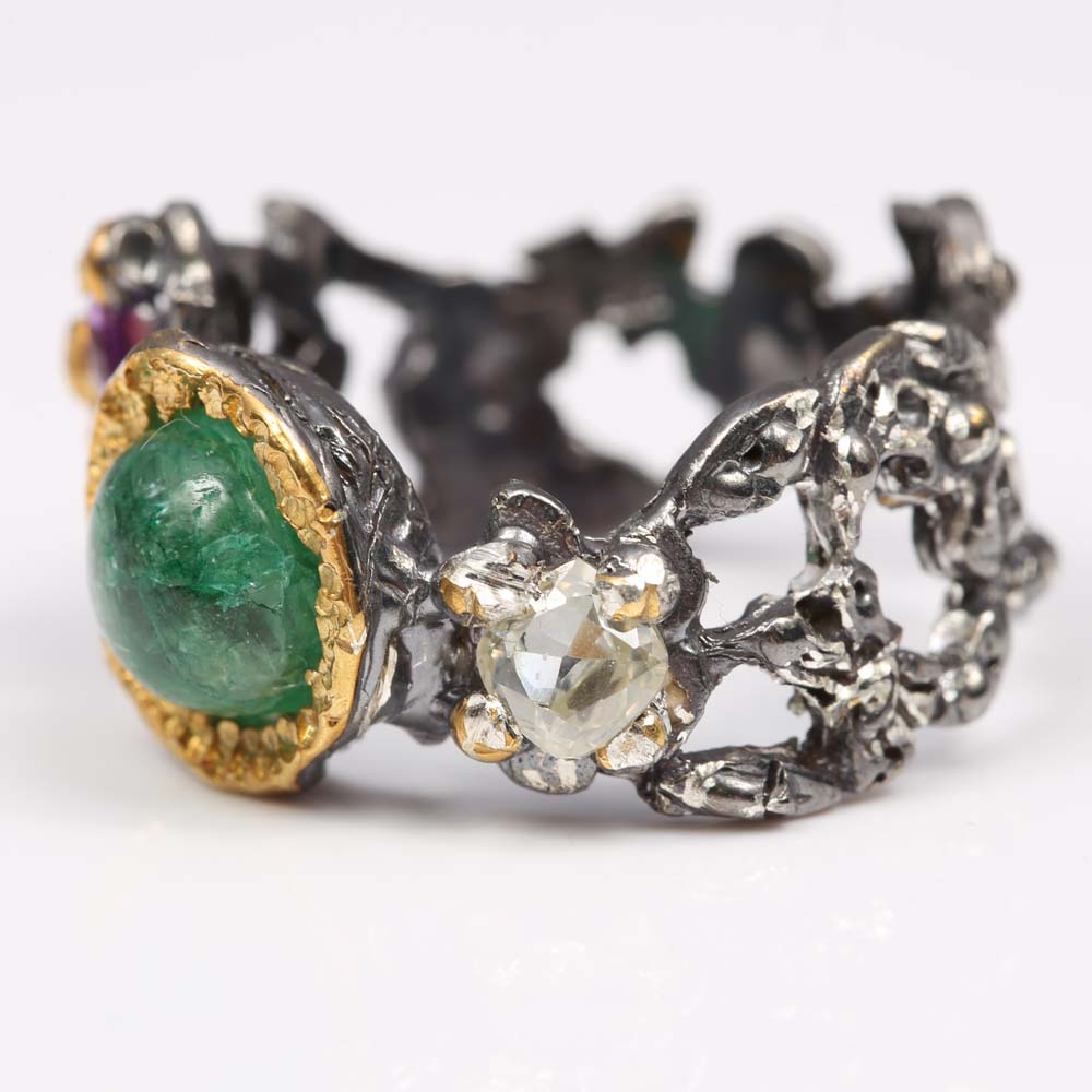 Sterling Silver 2.25 CT Emerald, Amethyst and Moissanite Ring