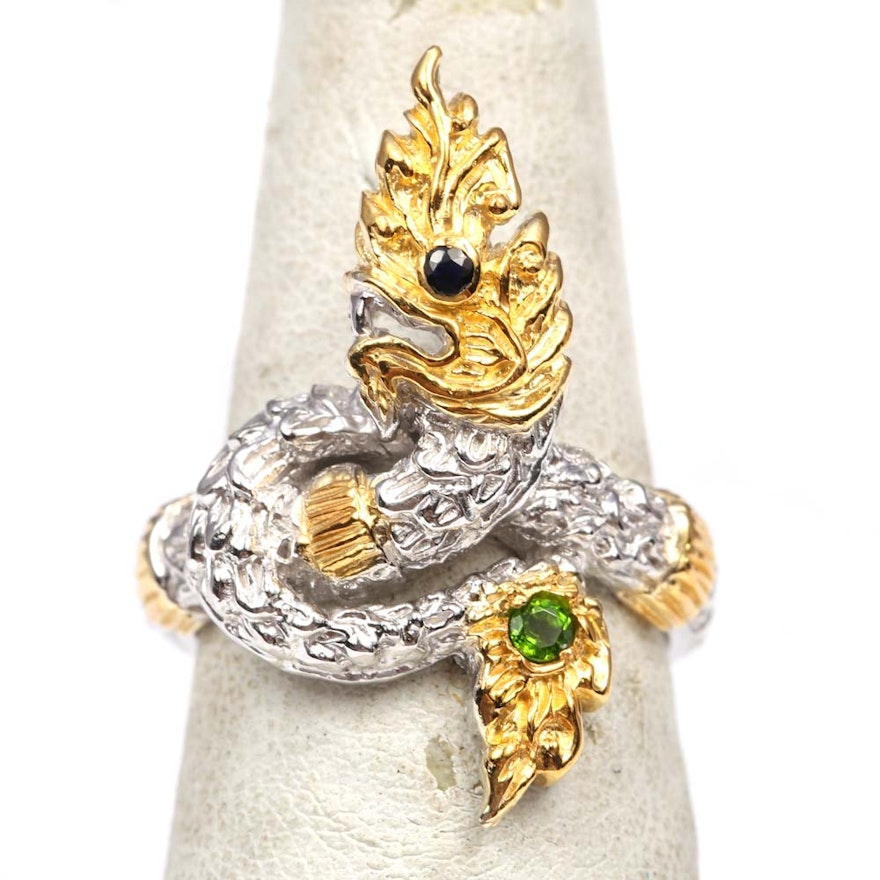 Sterling Silver Peridot and Sapphire Dragon Ring