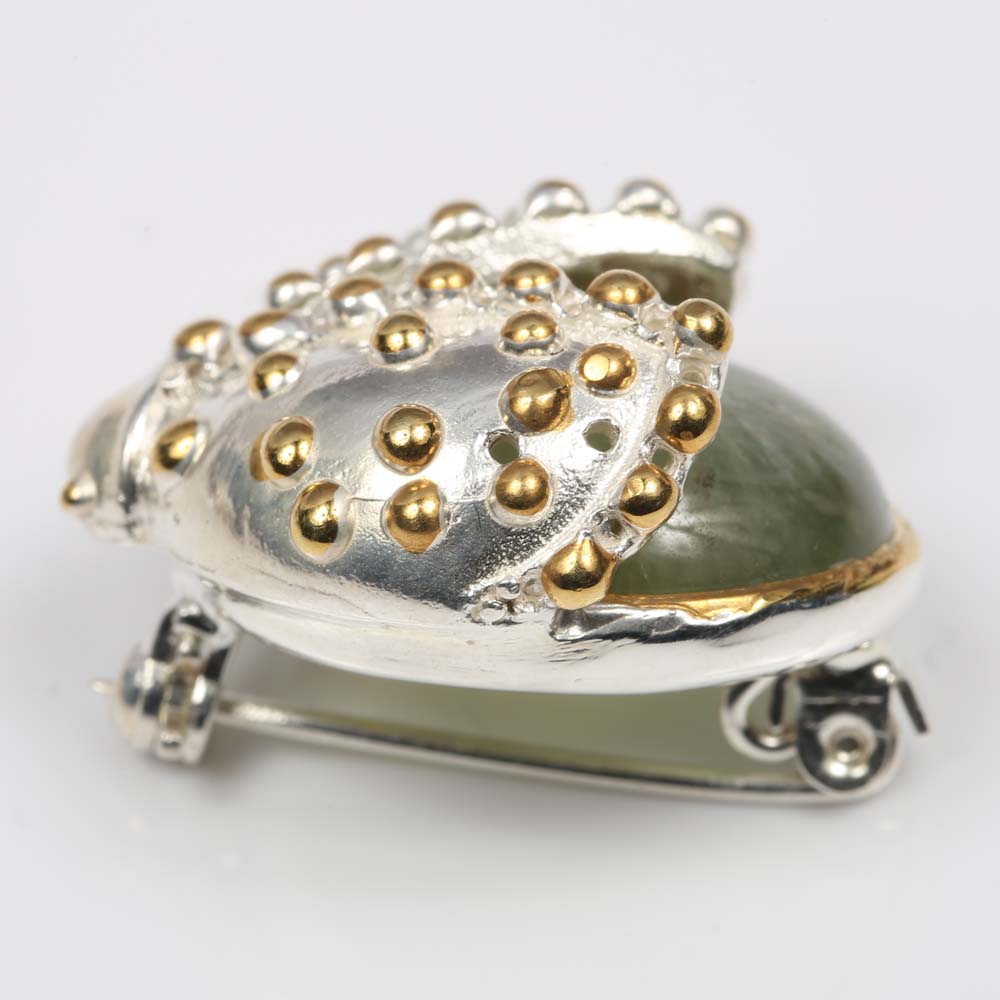 Sterling Silver 21.34 CT Prehnite Ladybug Brooch