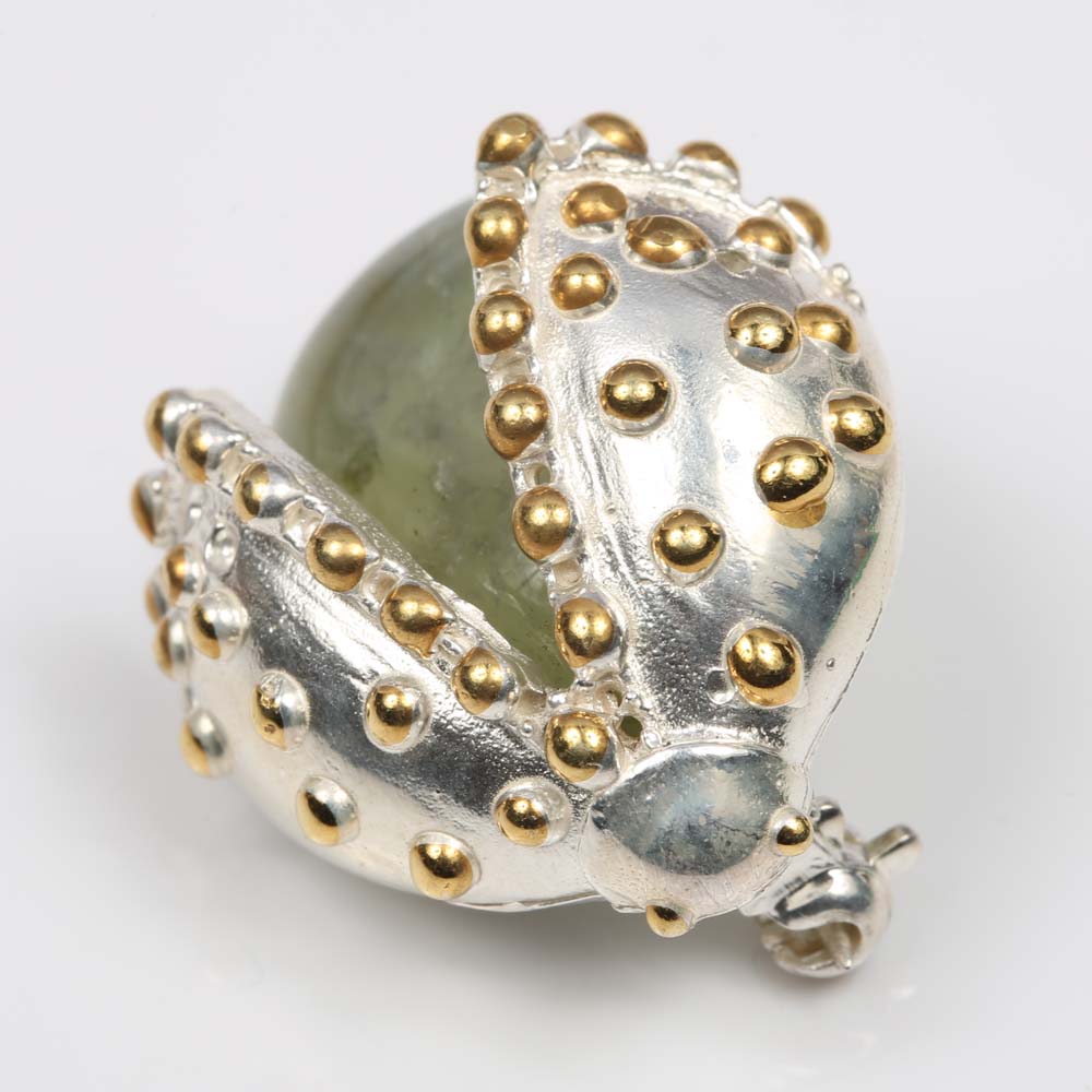 Sterling Silver 21.34 CT Prehnite Ladybug Brooch