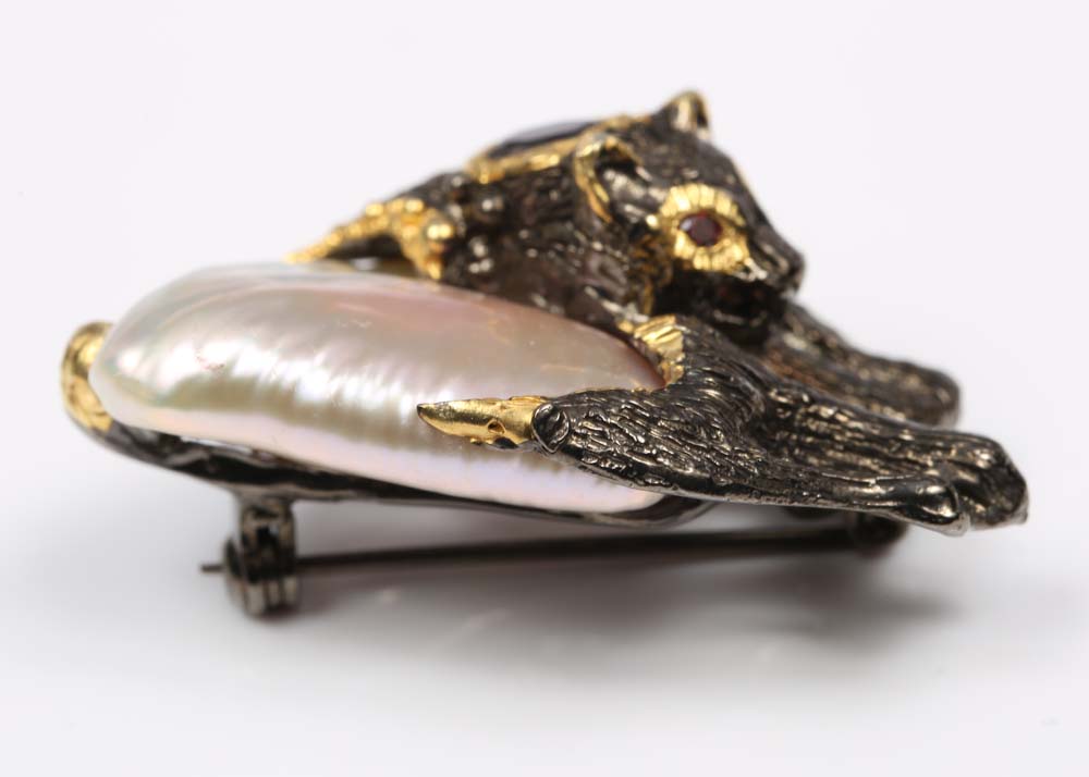 Sterling Silver Freshwater Pearl and Multi-Gemstone Cat Brooch