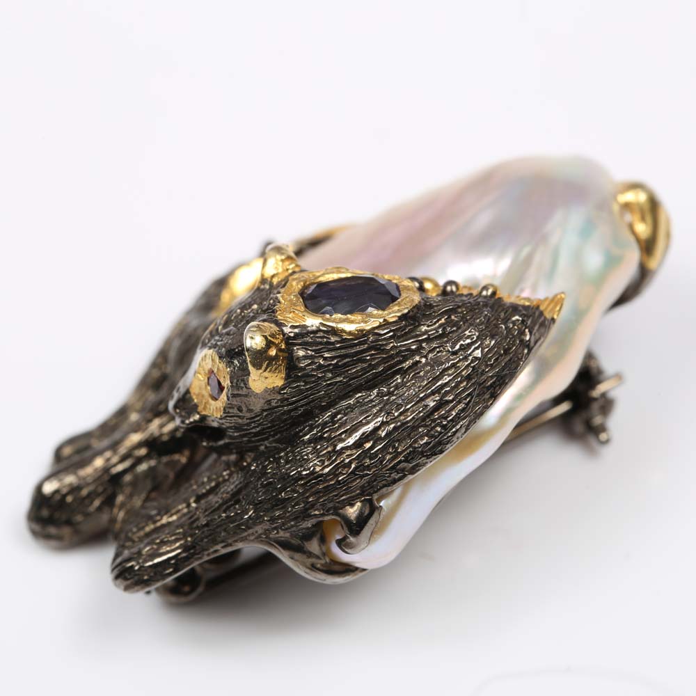 Sterling Silver Freshwater Pearl and Multi-Gemstone Cat Brooch