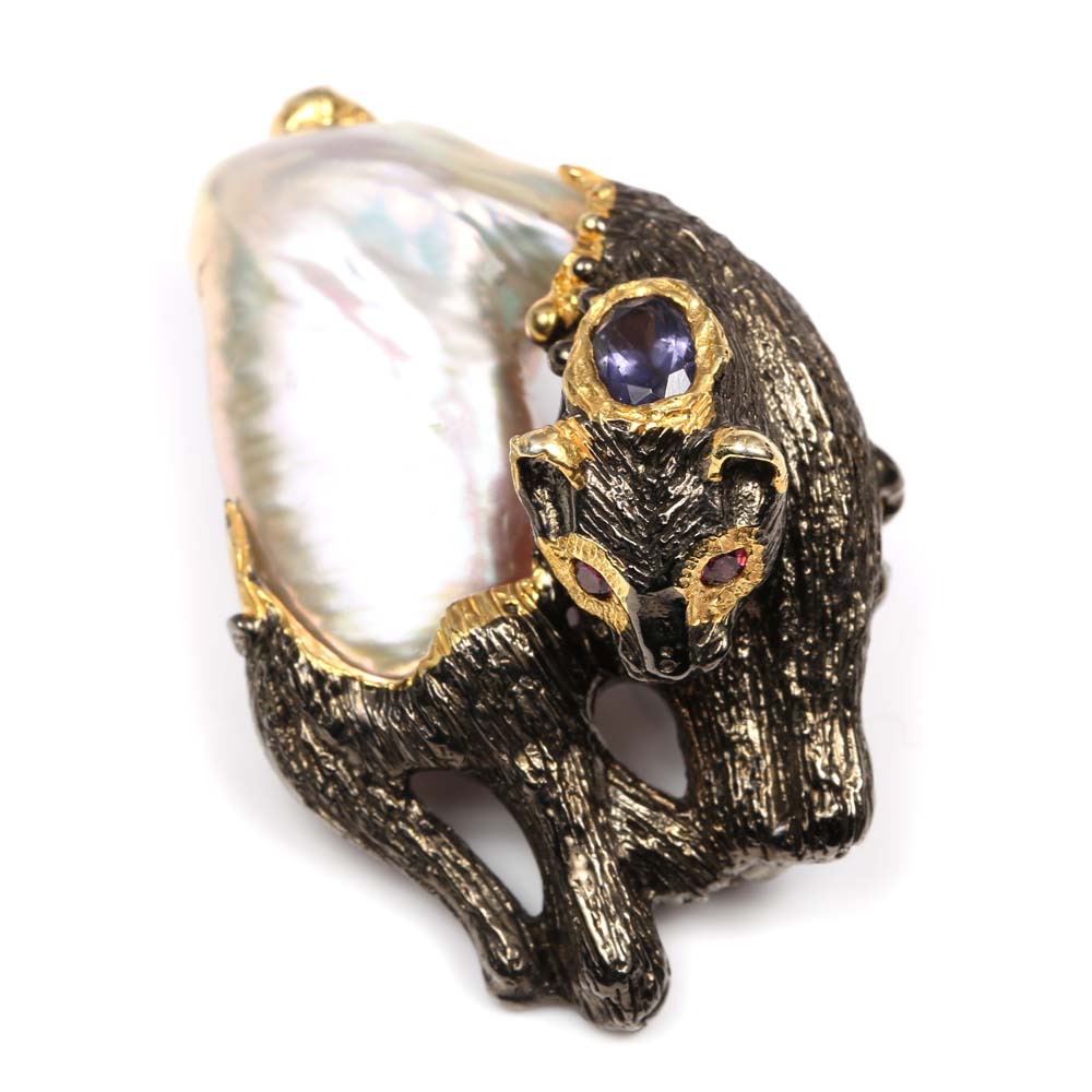 Sterling Silver Freshwater Pearl and Multi-Gemstone Cat Brooch